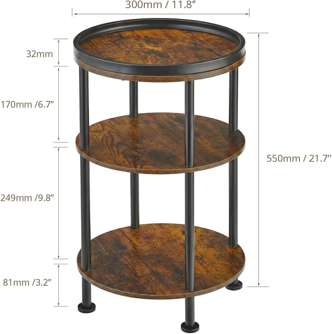 Small Round Side Table with Charging Station for Small Spaces, 3-Tier Accent Table with USB Ports & Power Outlets, Sofa Corner Tea Table for Living Room Nightstand Bedroom Apartment (Black)