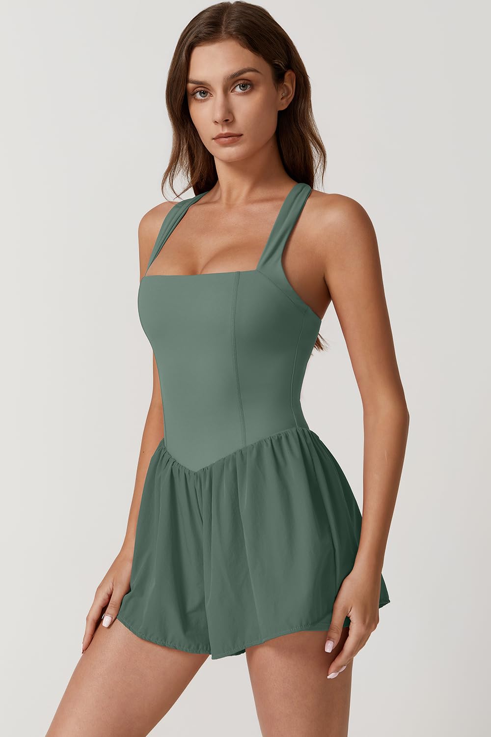 QINSEN Women's Square Neck Sleeveless Romper Jumpsuit Casual Summer One Piece Outfit with Pocket