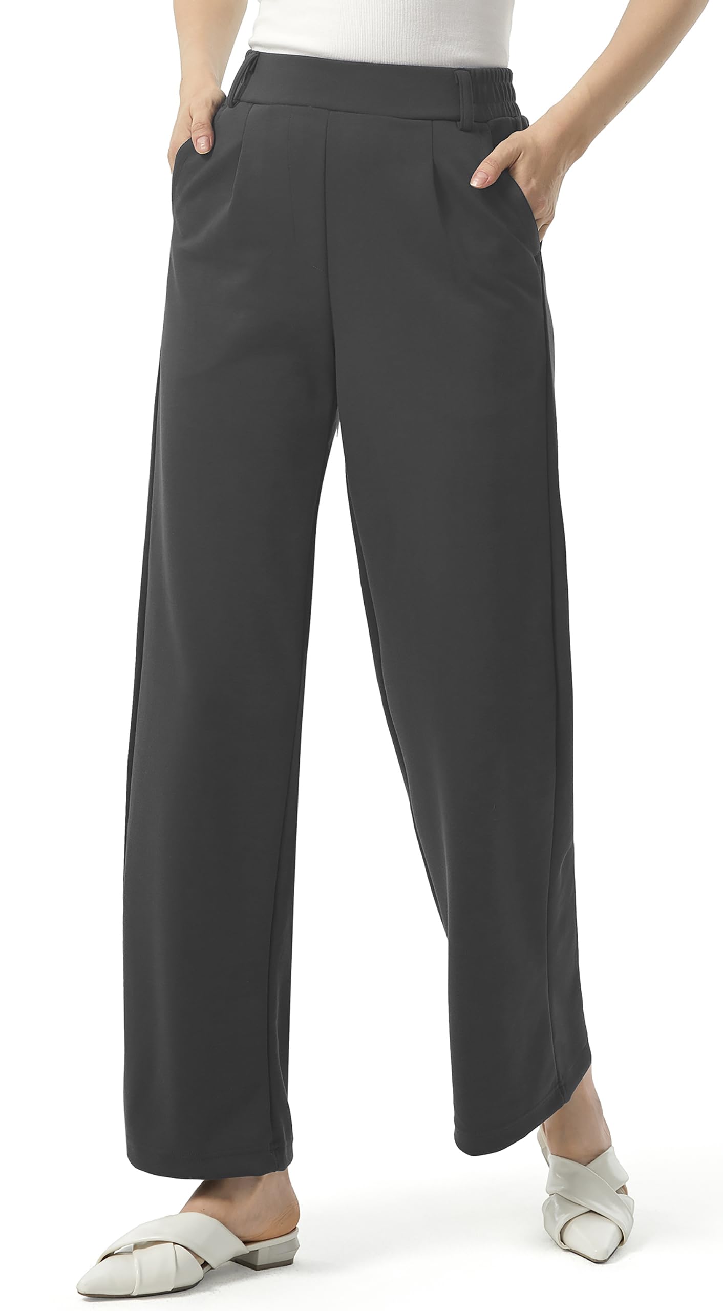 AFITNE Womens Wide Leg Work Pants High Waist Pull On Dress Pants Elastic Waistband Casual Slacks with Thick Fabric