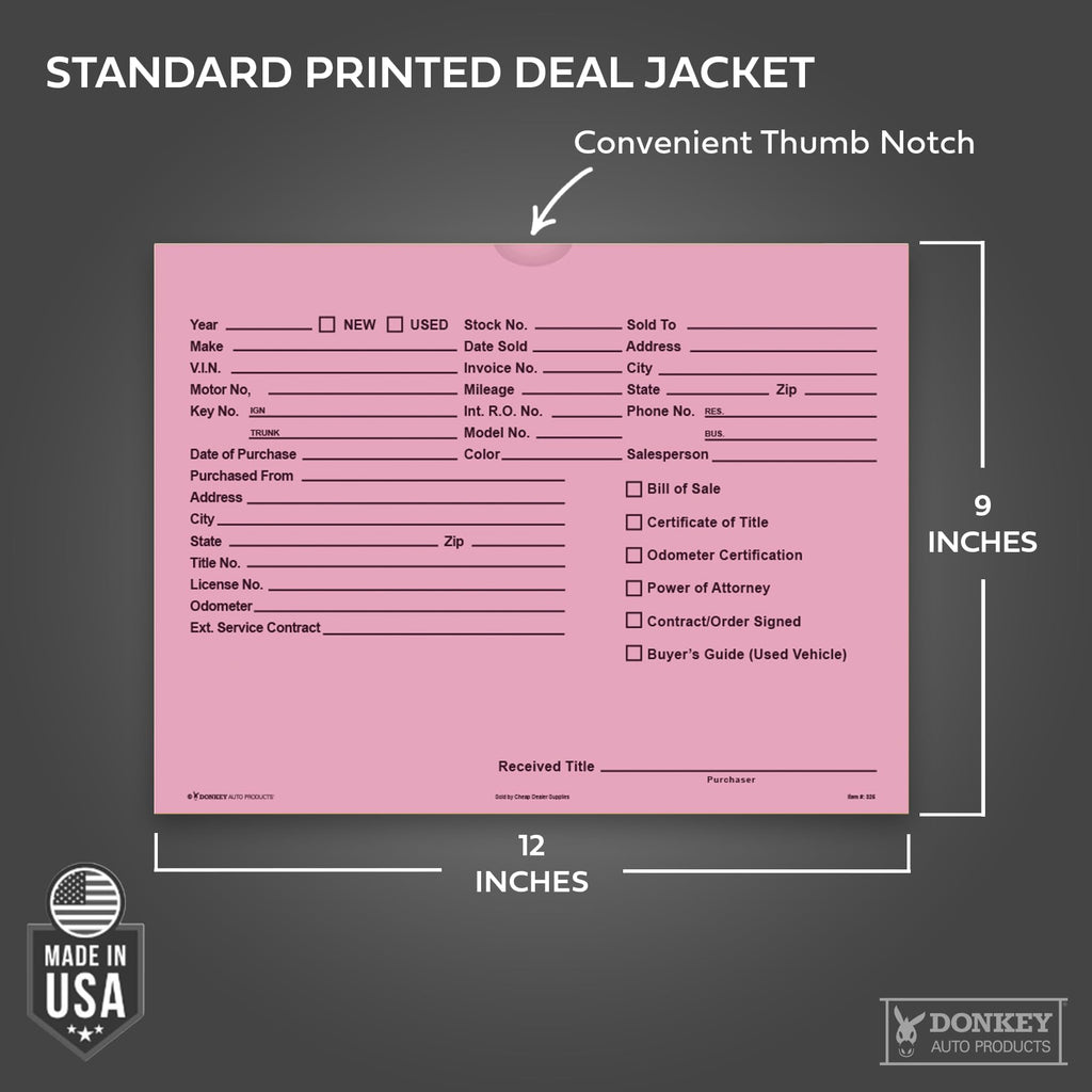 Printed Vehicle Deal Envelopes 9x12 Deal Jackets (100 shrink wrapped) (Blue)