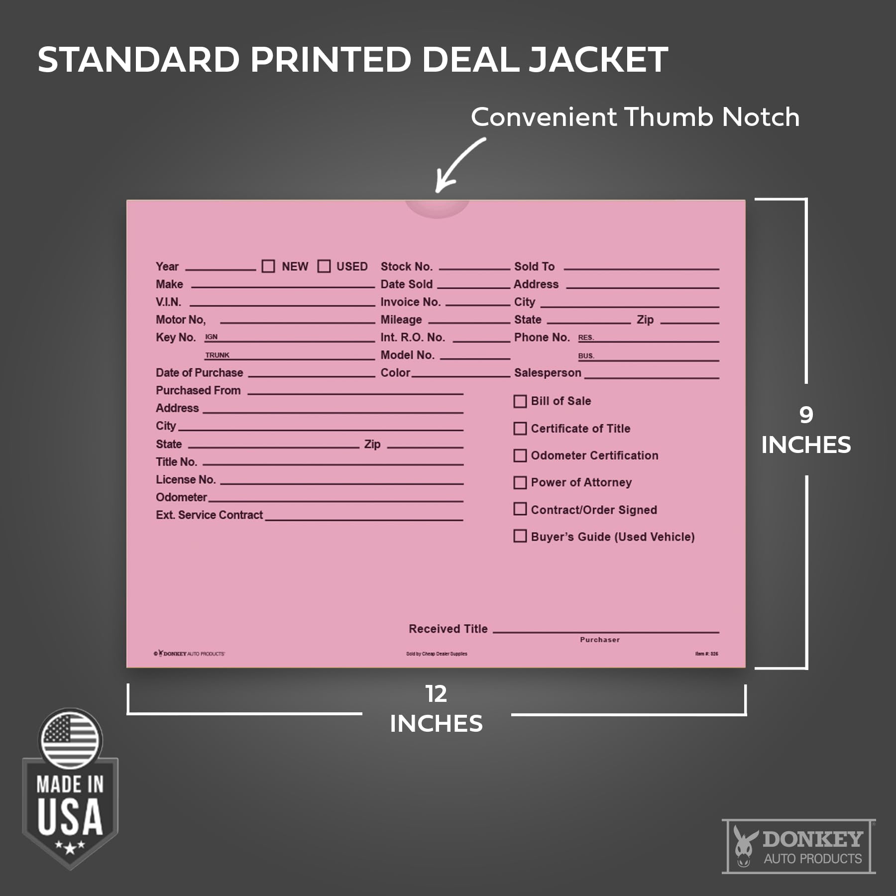 Printed Vehicle Deal Envelopes 9x12 Deal Jackets (100 shrink wrapped) (Blue)