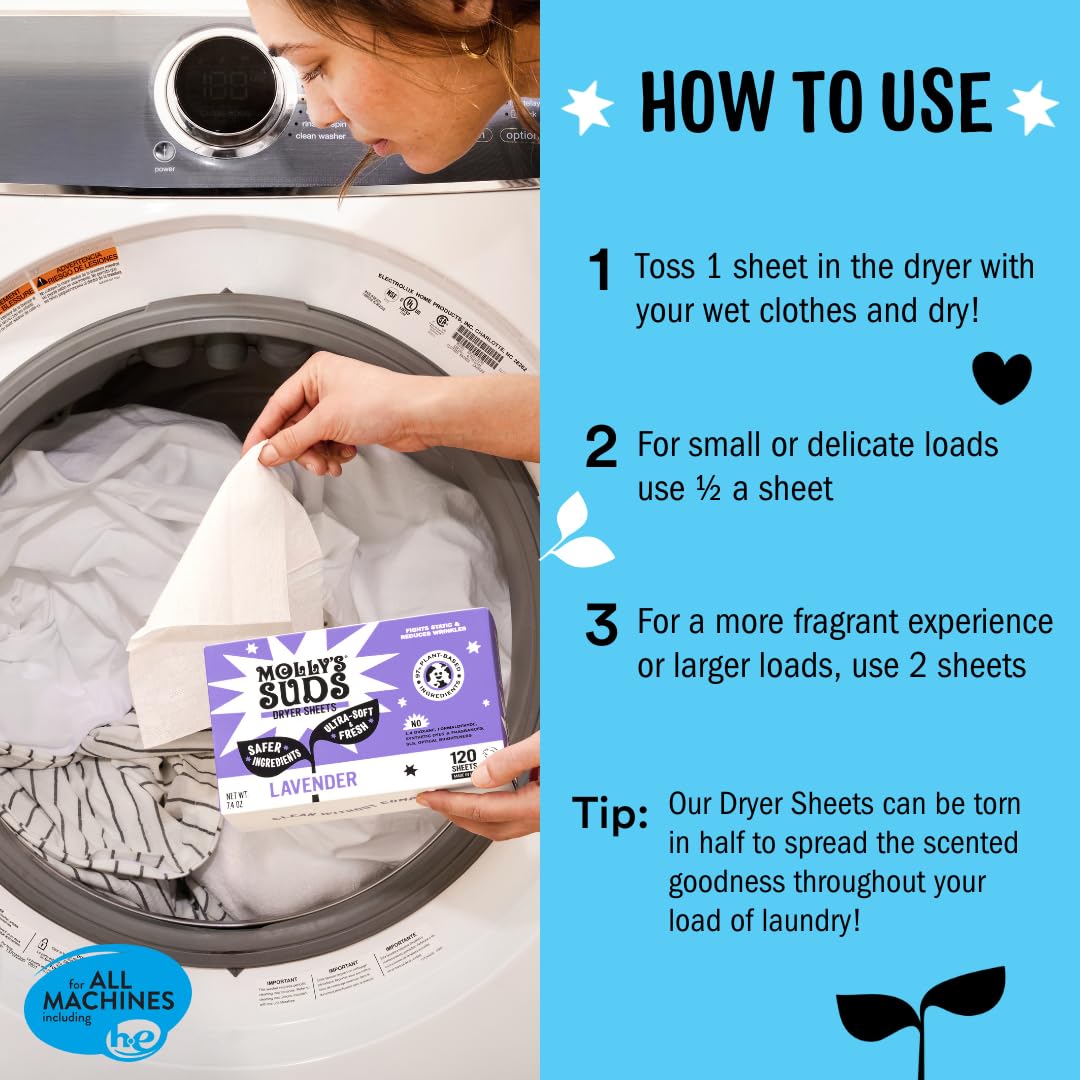 Molly's Suds Fabric Softener Dryer Sheets for Sensitive Skin | Plant-Based Static Reducer, Plastic-Free Packaging | Lavender (120 Sheets)