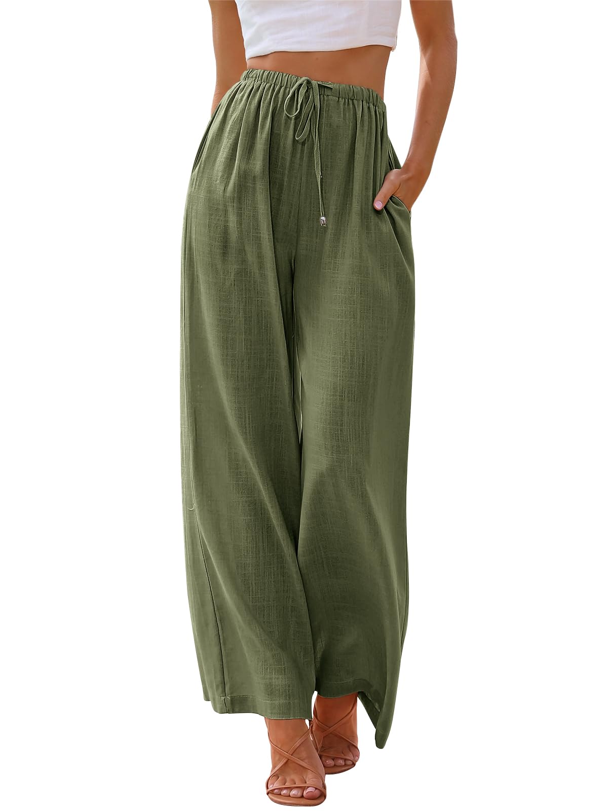 LILLUSORY Women's Linen Summer Palazzo Pants Flowy Wide Leg Beach Pants with Pockets