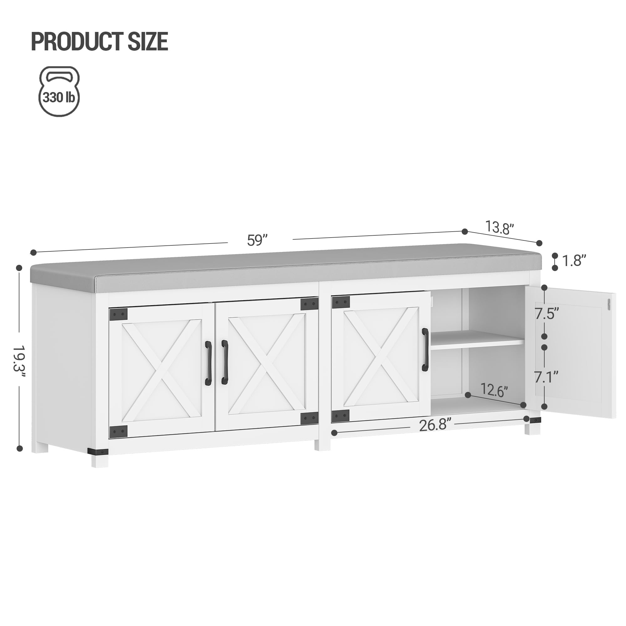 Hzuaneri Shoe Storage Bench, 2 Tier Shoe Bench with Padded Seat Cushion & 2 Barn Doors, Entryway Bench with Adjustable Shelf, Farmhouse Shoe Cabinet for Living Room, Bedroom, Antique White SB26214KA