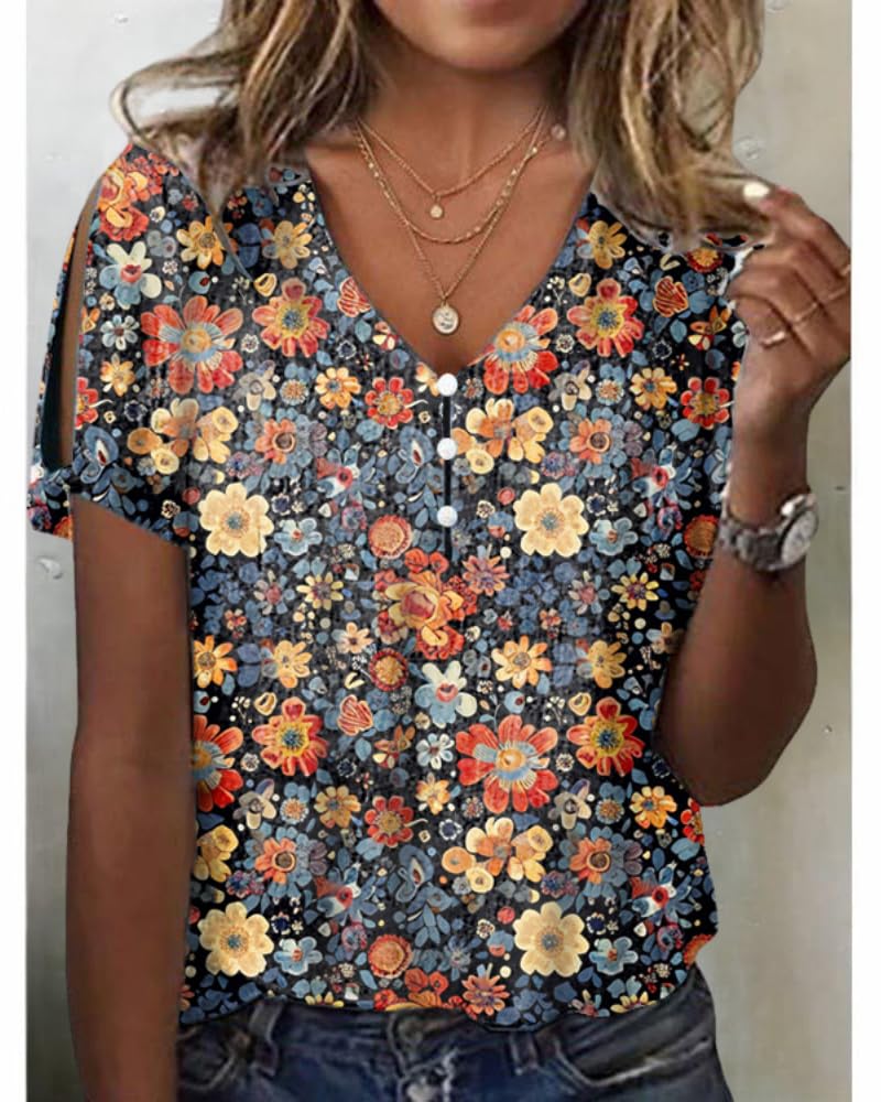 HOTYD Women's Boho Floral Print Ladies Short Sleeve Tops Summer Blouses Dressy Casual V Neck Cold Shoulder Tunic Tops