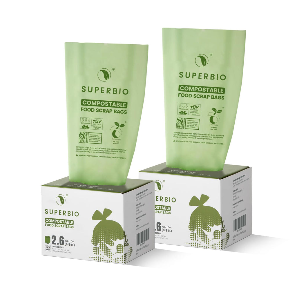 SUPERBIO 1.6 Gallon Handle Tie Compostable Food Scrap Bags, Small Compost Bags with Handles, 50 Count, 2 Pack, BPI & OK compost INDUSTRIAL