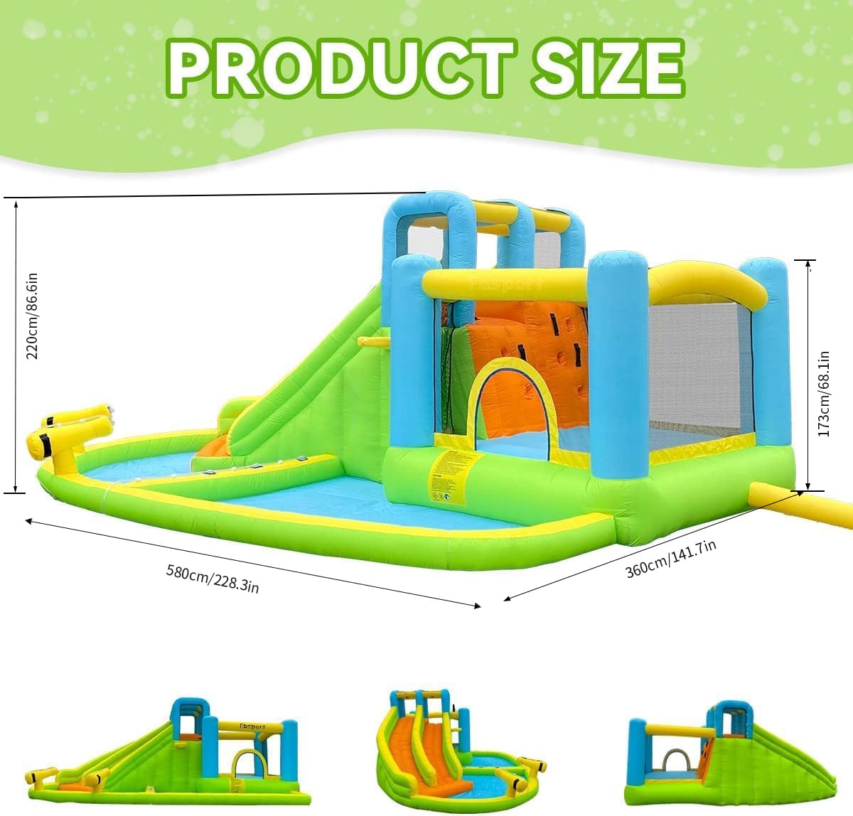 FBSPORT Inflatable Bounce House Double Slide,Water Slide Park Bounce House with Ball Pit,Water Cannon, Climbing Wall, Kids Bouncy Castle with 550W Air Blower for Backyard, Outdoor, Indoor