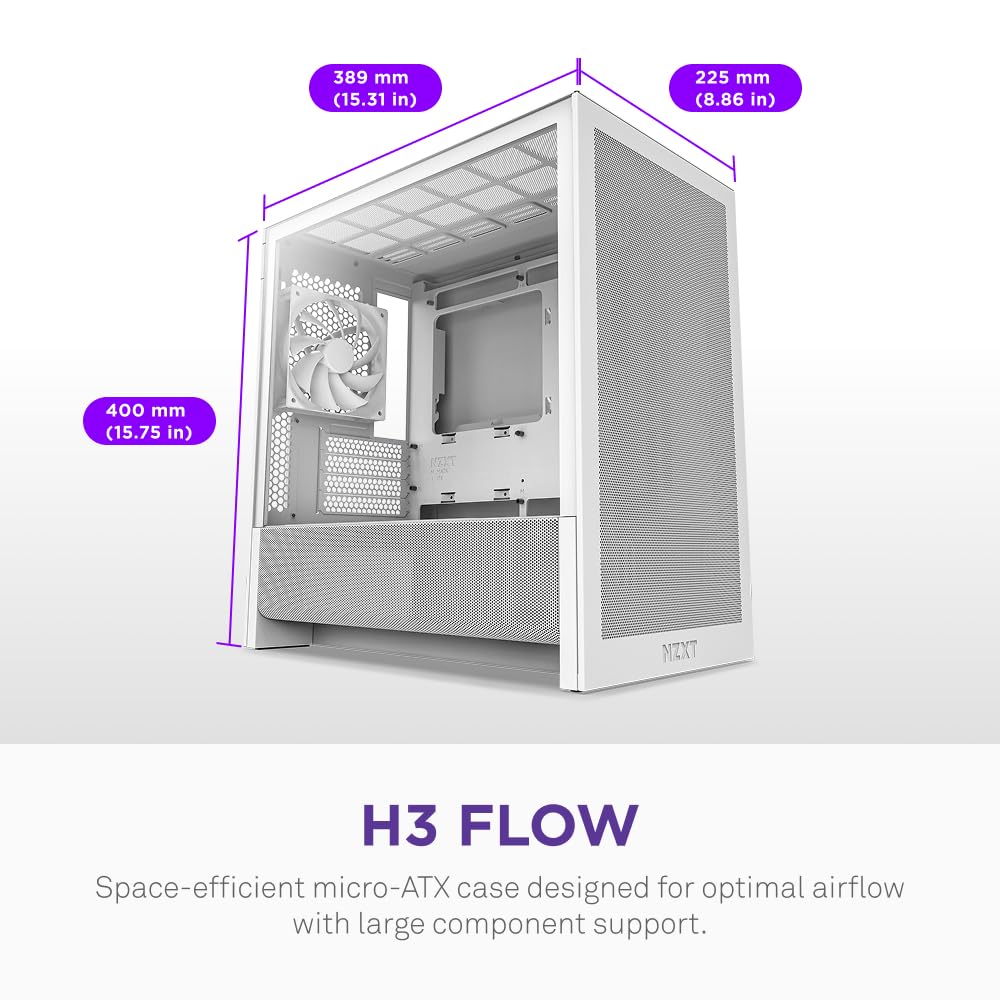 NZXT H3 Flow – Micro-ATX PC Case – Optimized Airflow – Includes 1 x 120mm Rear Fan – Supports Full-Sized GPUs – Fits 280mm Front, 240mm Top Radiator – Back-Connect Motherboard – Black