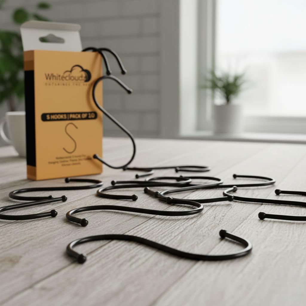 WHITECLOUDZ 20-Pack Black S Hooks for Hanging Plants, Metal S Hooks for Hanging Heavy-Duty, Closet Hooks for Hanging Clothes, Durable Kitchen Hooks for Hanging Utensils, Pots, Clothes & Bag