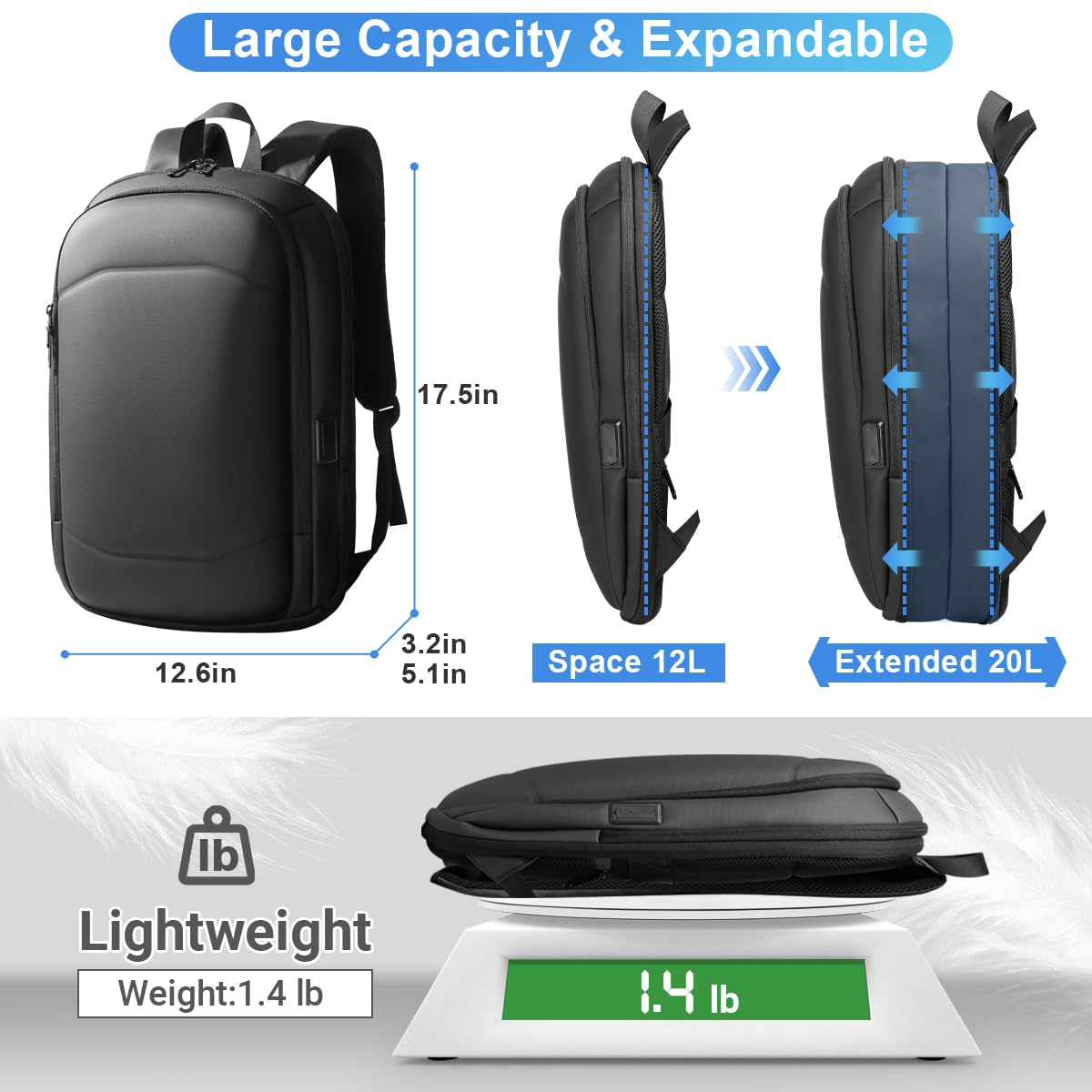 hk Business Backpack for Men 15.6 Inch,Slim & Expandable Waterproof Travel Laptop Backpack, Anti-Theft Lightweight Work Computer Bag, College Laptop Backpacks Gifts for Men Women-Black