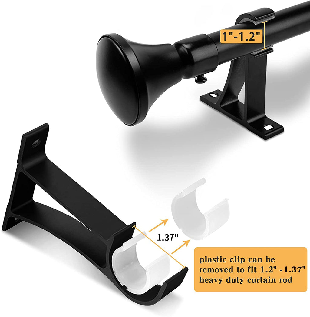 KOLAKO Curtain Rod Brackets, Heavy Duty Black Curtain Rods Holders Hook Hangers for Wall Drapery Rod Bracket Support 1 Inch Rods, 2 Pack