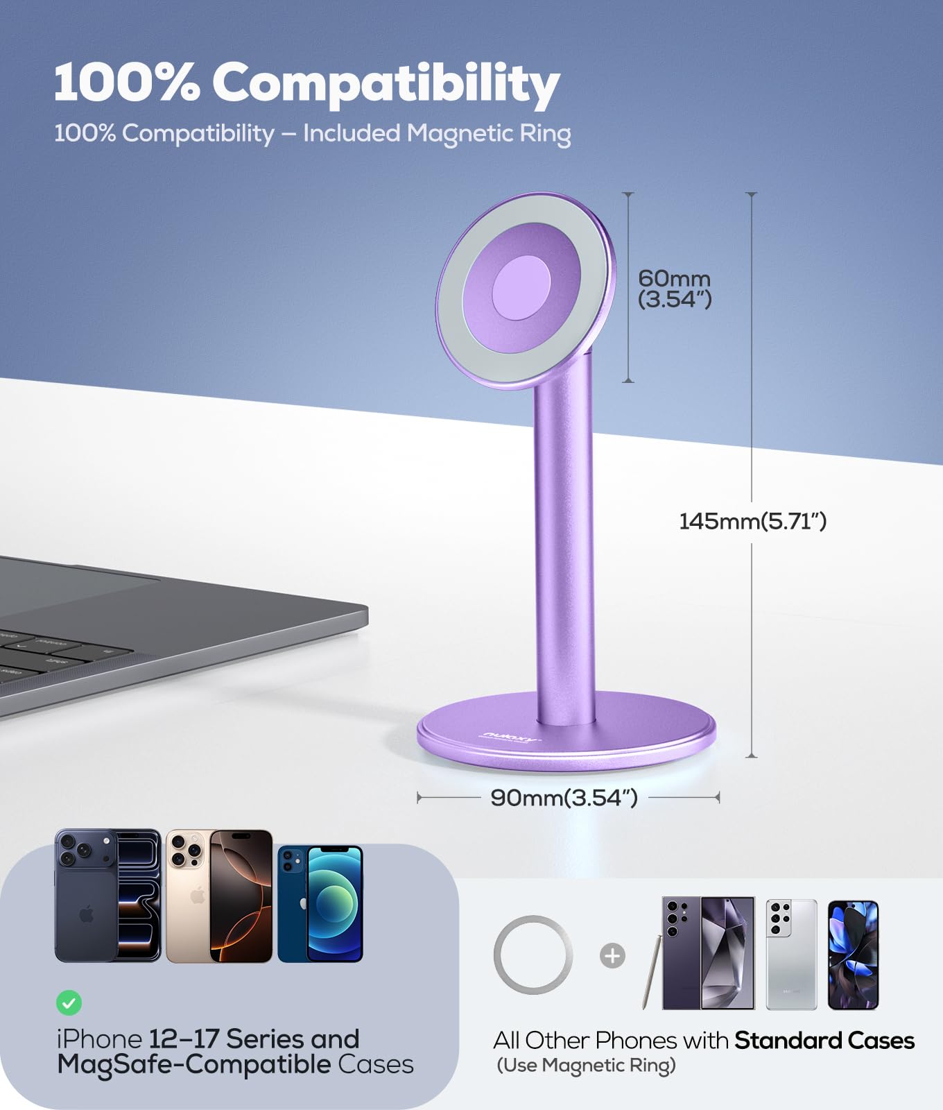 Nulaxy Magnetic Full Aluminum Cell Phone Stand for MagSafe with Metal Ring, 360 Rotating Phone Stand for Desk, Office Desk Accessories, Adjustable Phone Holder Compatible with All Phones, Gray