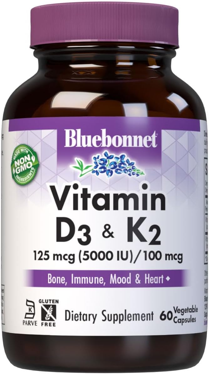 Bluebonnet Nutrition Vitamin D3 & K2, Soy-Free, for Strong-Healthy Bones*, Gluten-Free, Non-GMO, Dairy-Free, Kosher Certified, Vegetarian, 60 Vegetable Capsules, 60 Servings