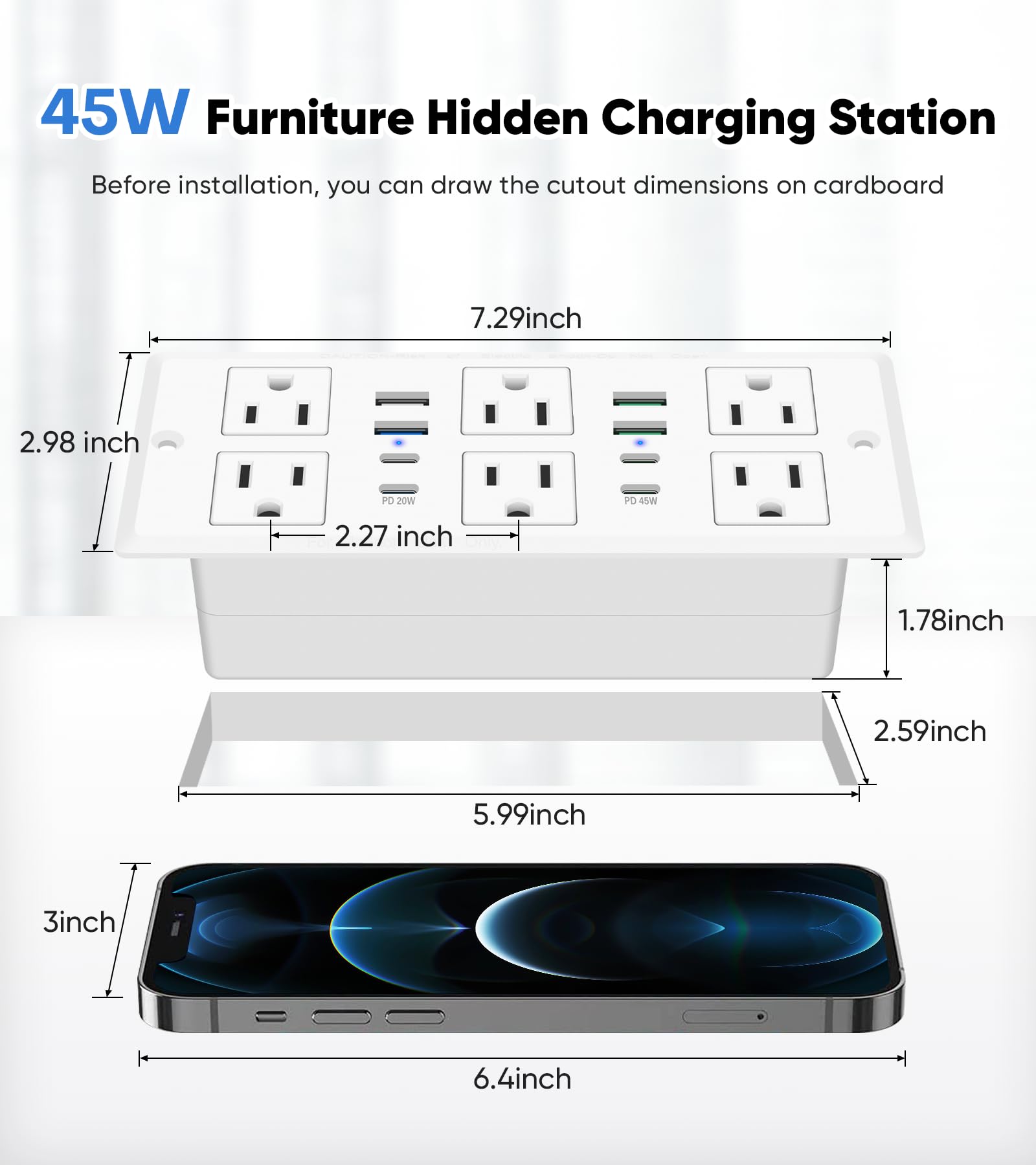45W Recessed Power Strip, Flush Mounted Surge Protector(1200J) with 6 AC Outlets & 8 USB Ports(4 USB-C), 45°Flat Plug, 6FT Flat Power Cord(Black)