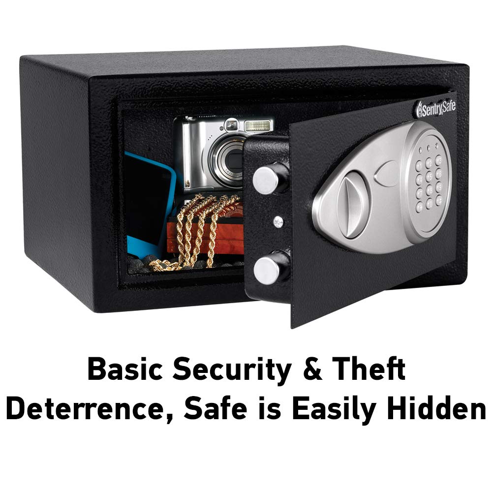 SentrySafe Medium Safe with Digital Keypad, Lock Box with Code has Interior Lining and Bolt Down Kit that Secures Pistol, Money, 0.41 Cubic Feet, 7.6 x 11.4 x 10.4 Inches, X041E