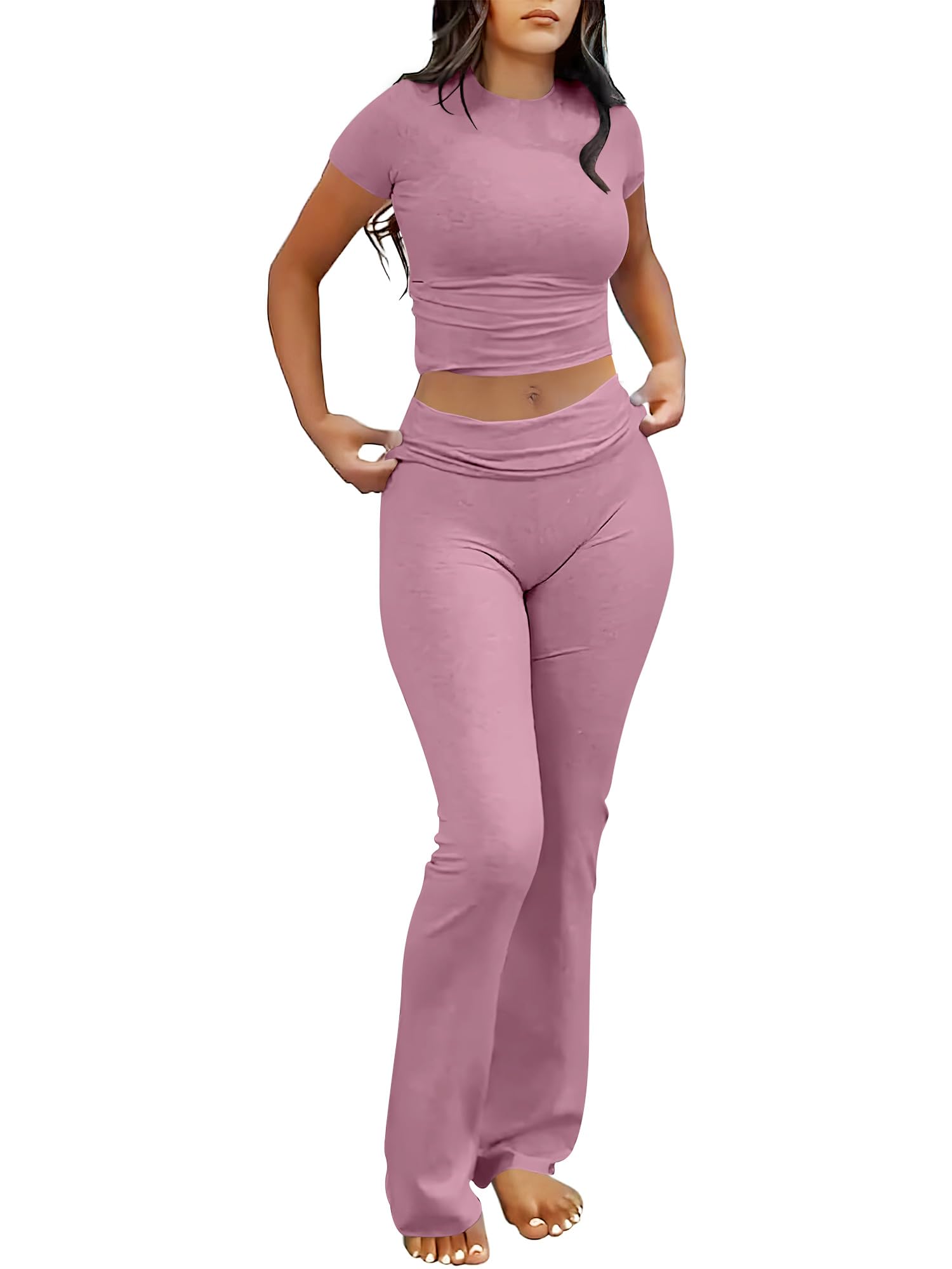 ANRABESS 2 Piece Lounge sets for Women | Soft Comfy Stretchy, Crop Top & Foldover Flare Leggings, Yoga Workout Matching Outfits, Trendy Y2k, Summer Wear Fall Layer