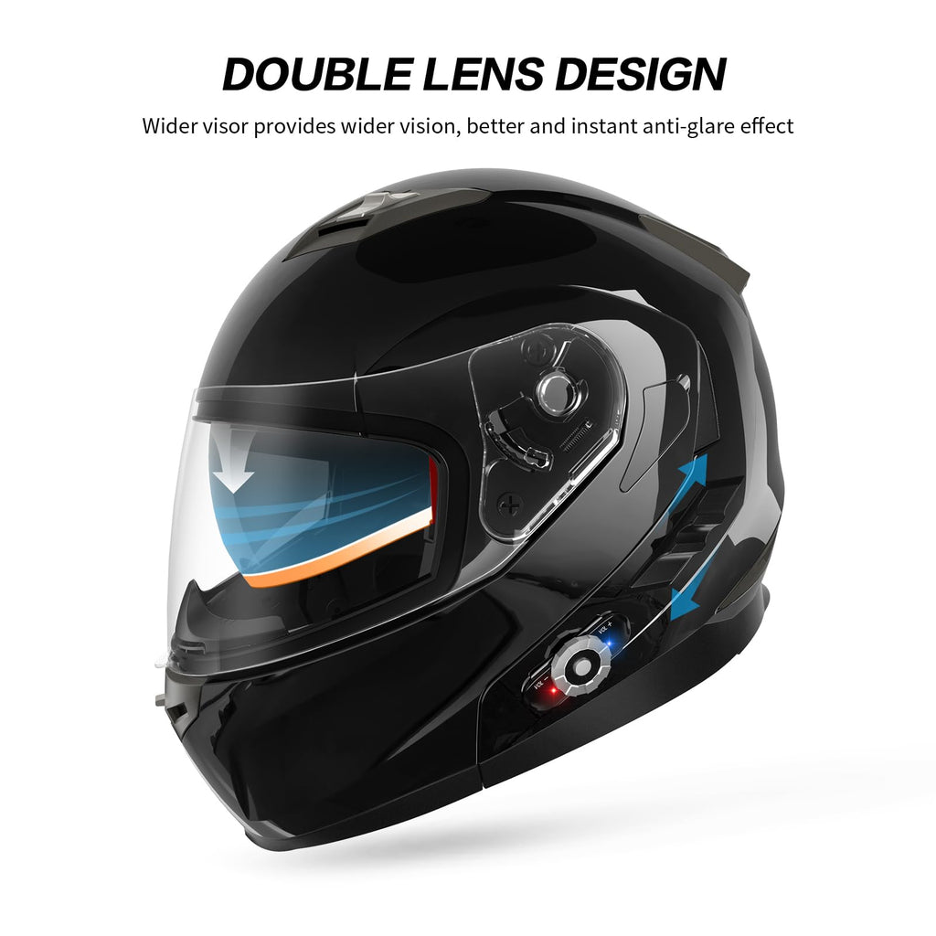 FreedConn BM2-S Bluetooth Motorcycle Helmet, Flip-Up Modular Motorbike Helmet, 500M Connectivity for 2-3 Riders, Voice Dial, Hands-Free Call, MP3, FM, DOT Certified (Medium, Gloss Black)