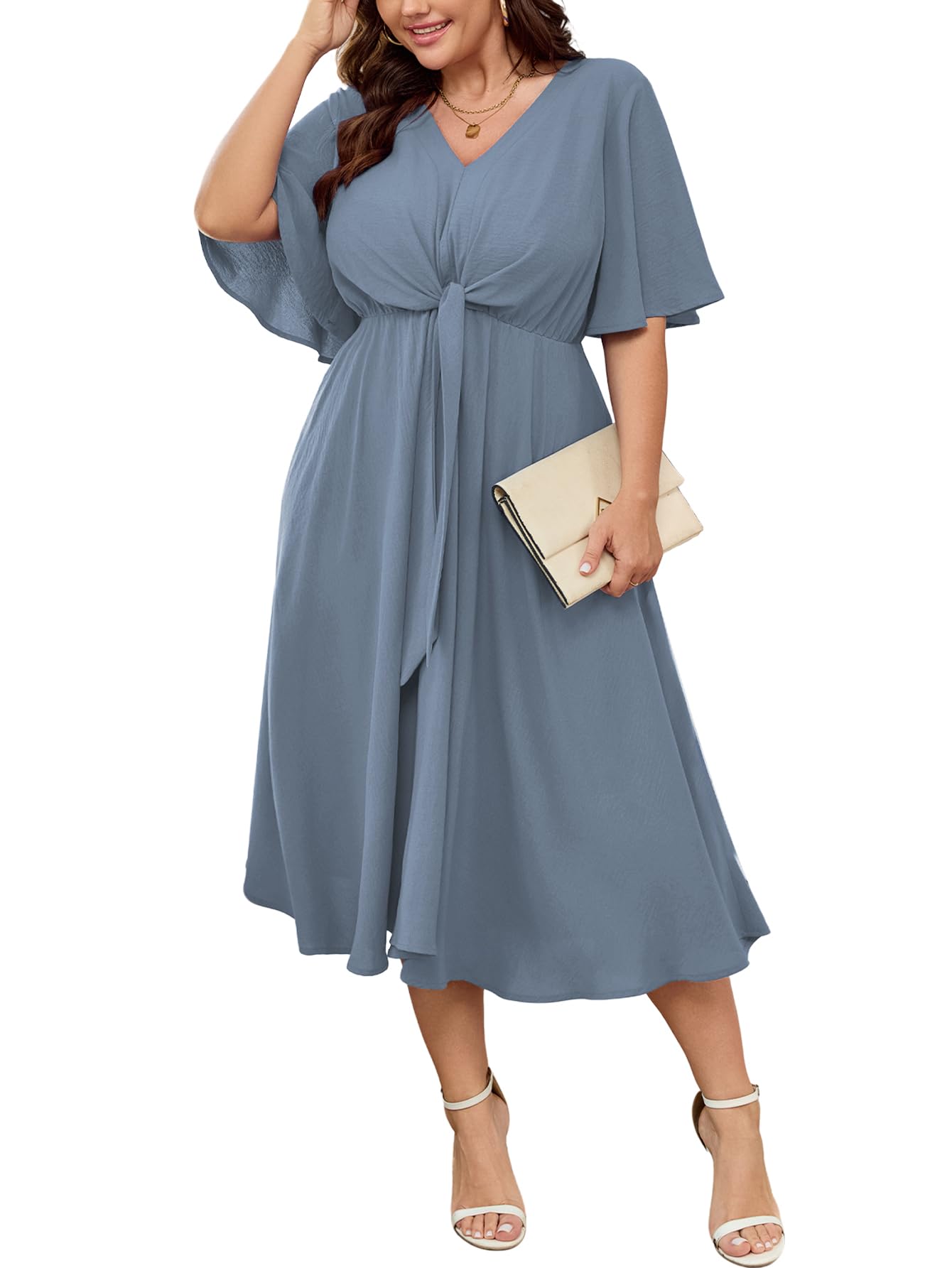 SCOMCHIC Women Plus Size Midi Dresses Wedding Guest Short Sleeve V Neck Tie Waist Casual Summer Flowy A Line Dress
