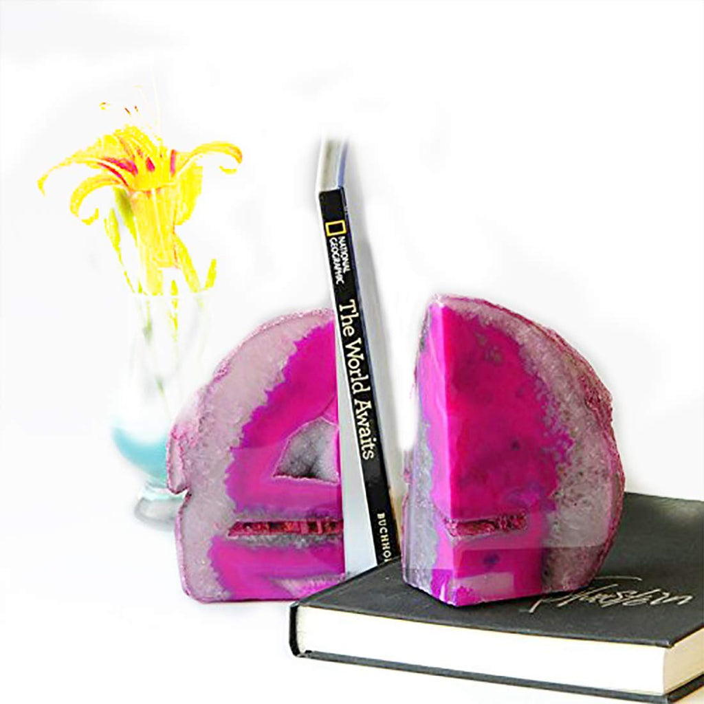 JIC Gem Black Agate Geode Bookends 2-3 Lbs Anti-Slip Rubber Pads Heavy Duty | 1Pair Natural Black Agate Crystal Decor for Shelves & Desk, Unique Small Stone Book Holder Gift for Office & Home Decoration