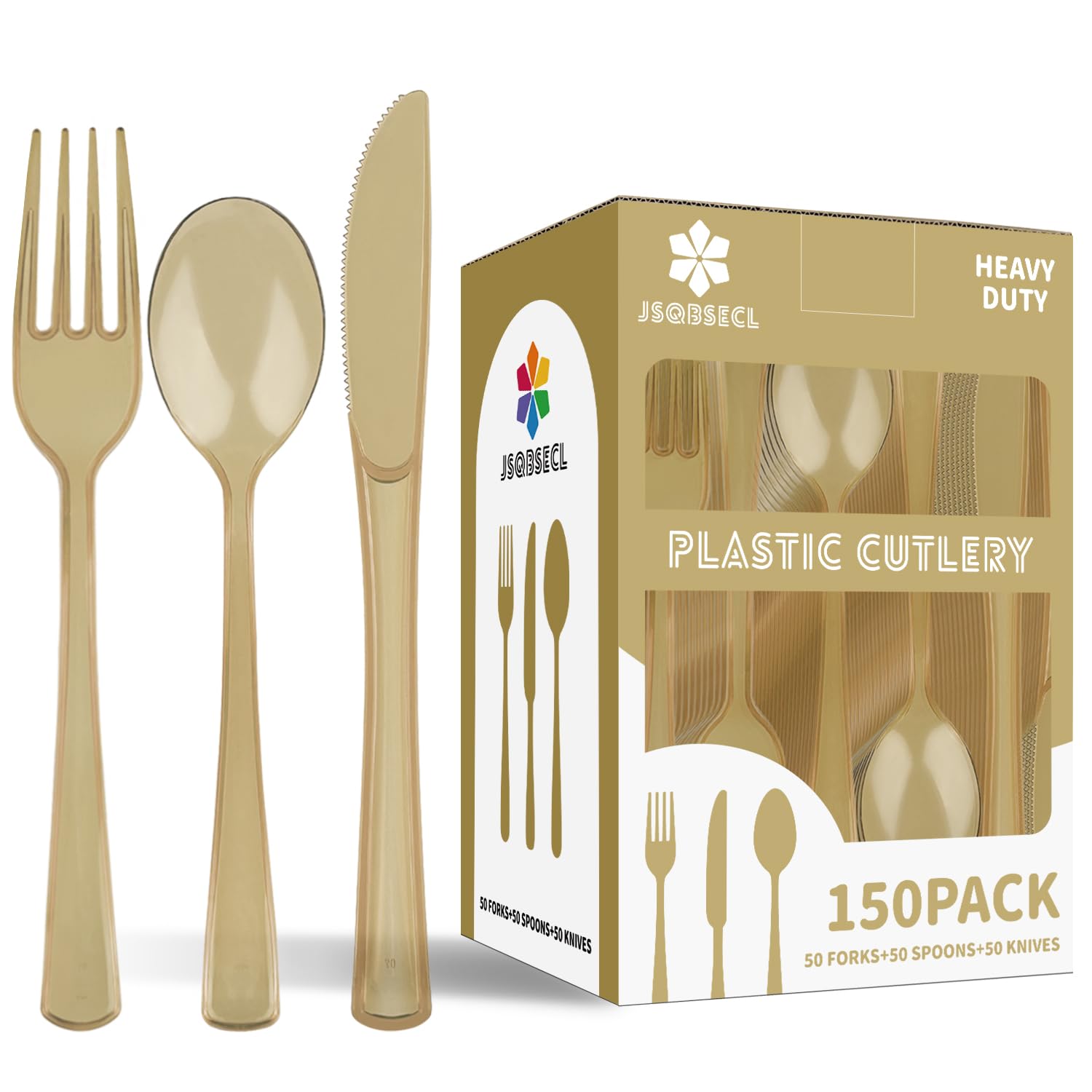 150 Pack Plastic Silverware,Disposable Cutlery Set Heavy Duty Utensil Sets 50 Forks 50 Knives 50 Spoons for Brithday, Wedding,Home School Party Picnics Restaurant Outdoor Events (Black)