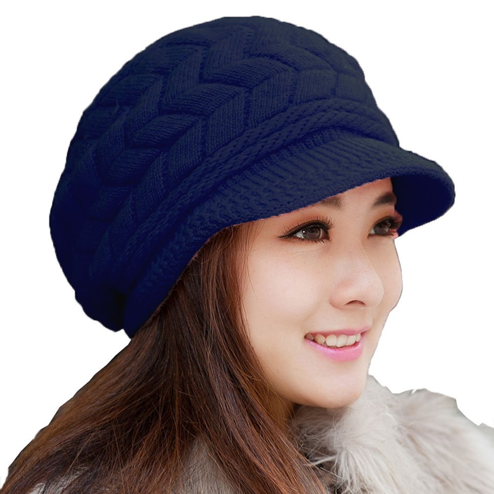 Women Winter Warm Knit Hat Wool Snow Ski Caps with Visor