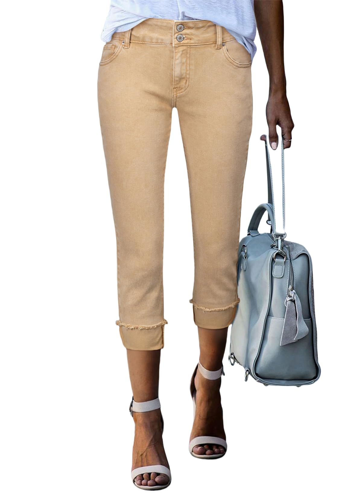 Sidefeel Women's Capri Jeans High Waisted Stretchy Roll-up Skinny Cuffed Cropped Zimbaplatinum Summer Capri Pants