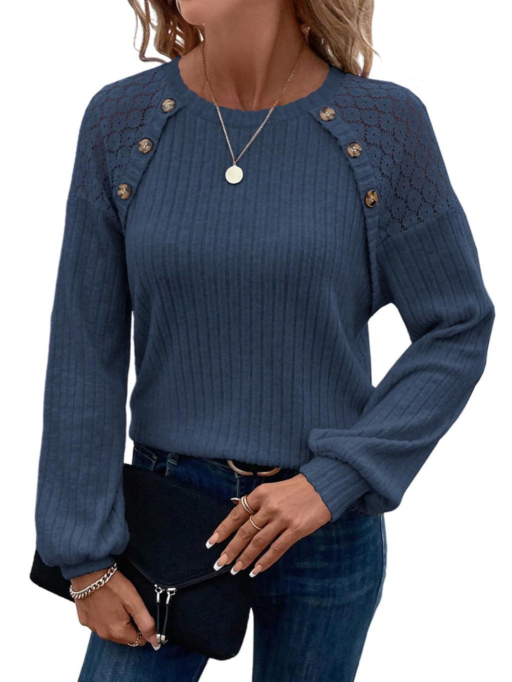 Acelitt Womens Fall Long Sleeve Tunic Tops Casual Crew Neck Dressy Shirt Lace Patchwork Blouses Pullover Sweaters