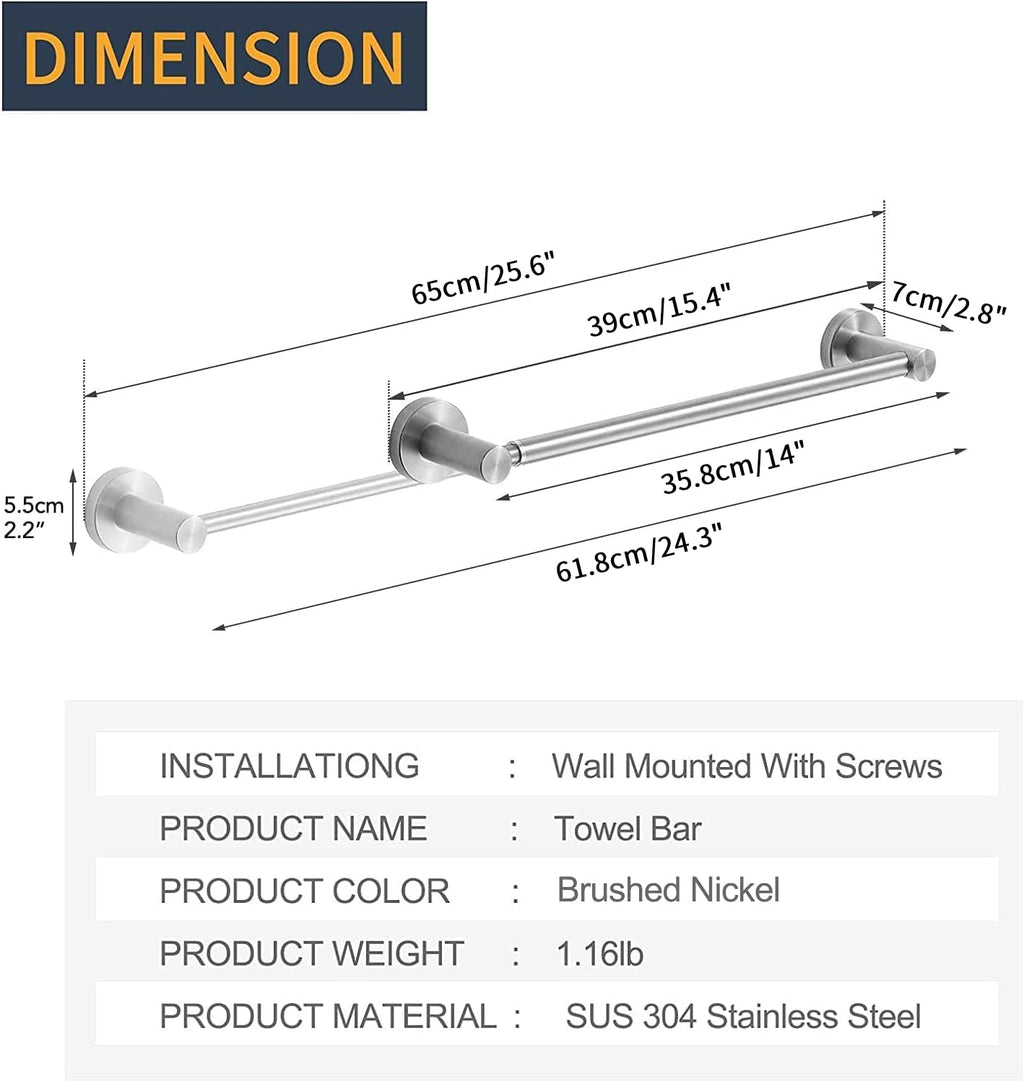 BESy Adjustable 15 to 26 Inch Single Bath Towel Bar for Bathroom SUS304 Stainless Steel Towel Holder, Wall Mount with Screws Hand Towel Bar Rod Hotel Style, Brushed Gold