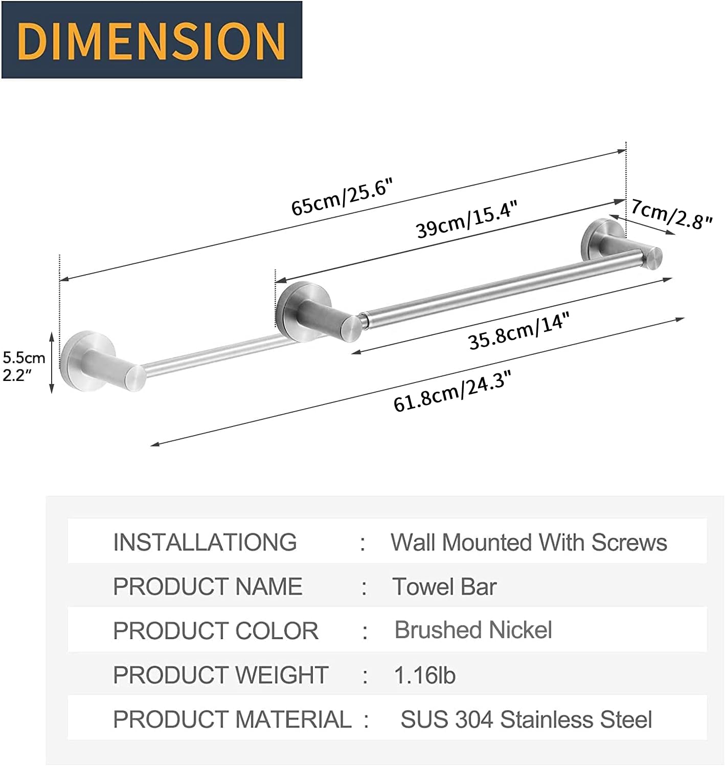 BESy Adjustable 15 to 26 Inch Single Bath Towel Bar for Bathroom SUS304 Stainless Steel Towel Holder, Wall Mount with Screws Hand Towel Bar Rod Hotel Style, Brushed Gold