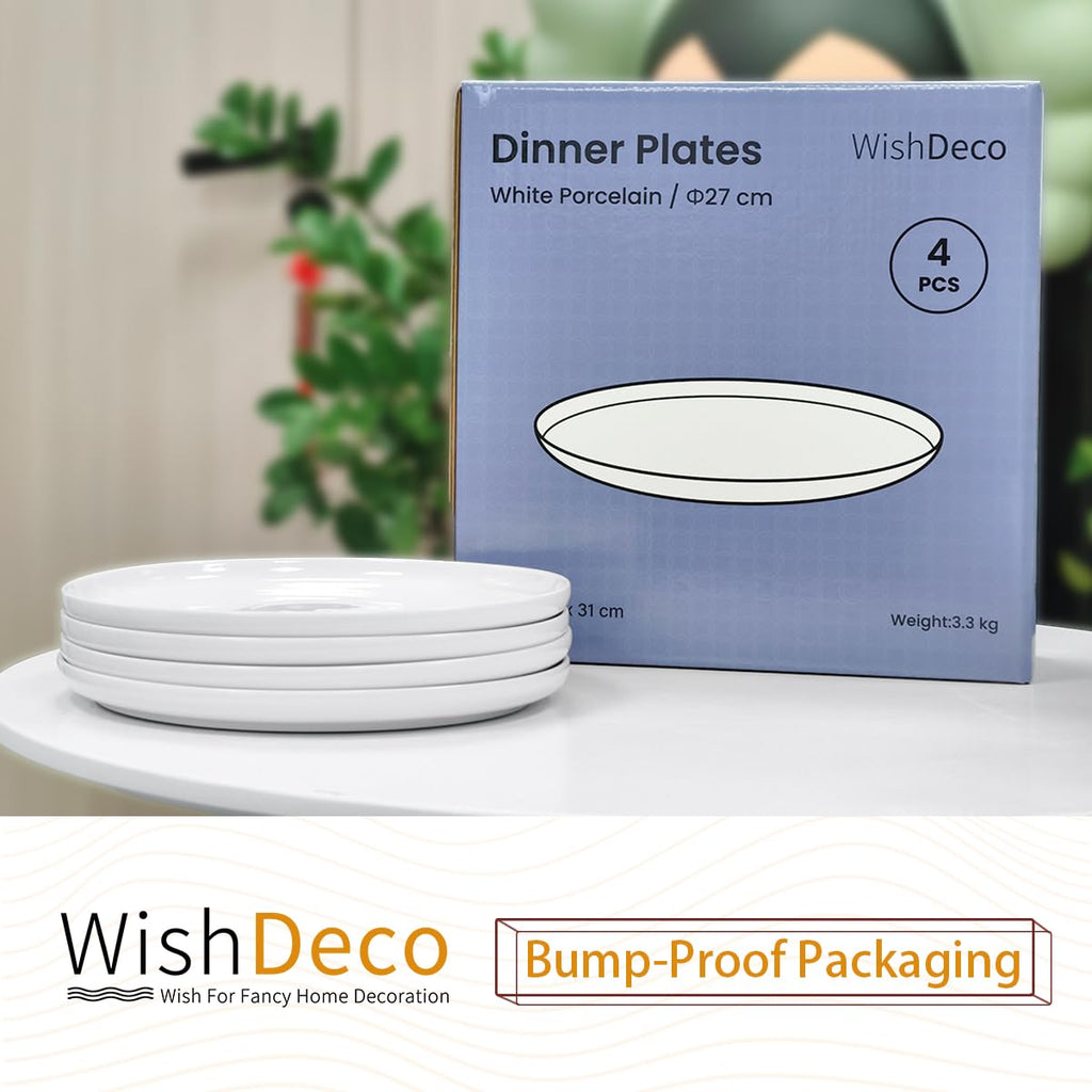 WishDeco White Dinner Plates Set of 4, Ceramic Dining Plates 10.5 inch, Large Salad Plate, Porcelain Kitchen Plate for Pizza, Steak, Microwave and Dishwasher Safe