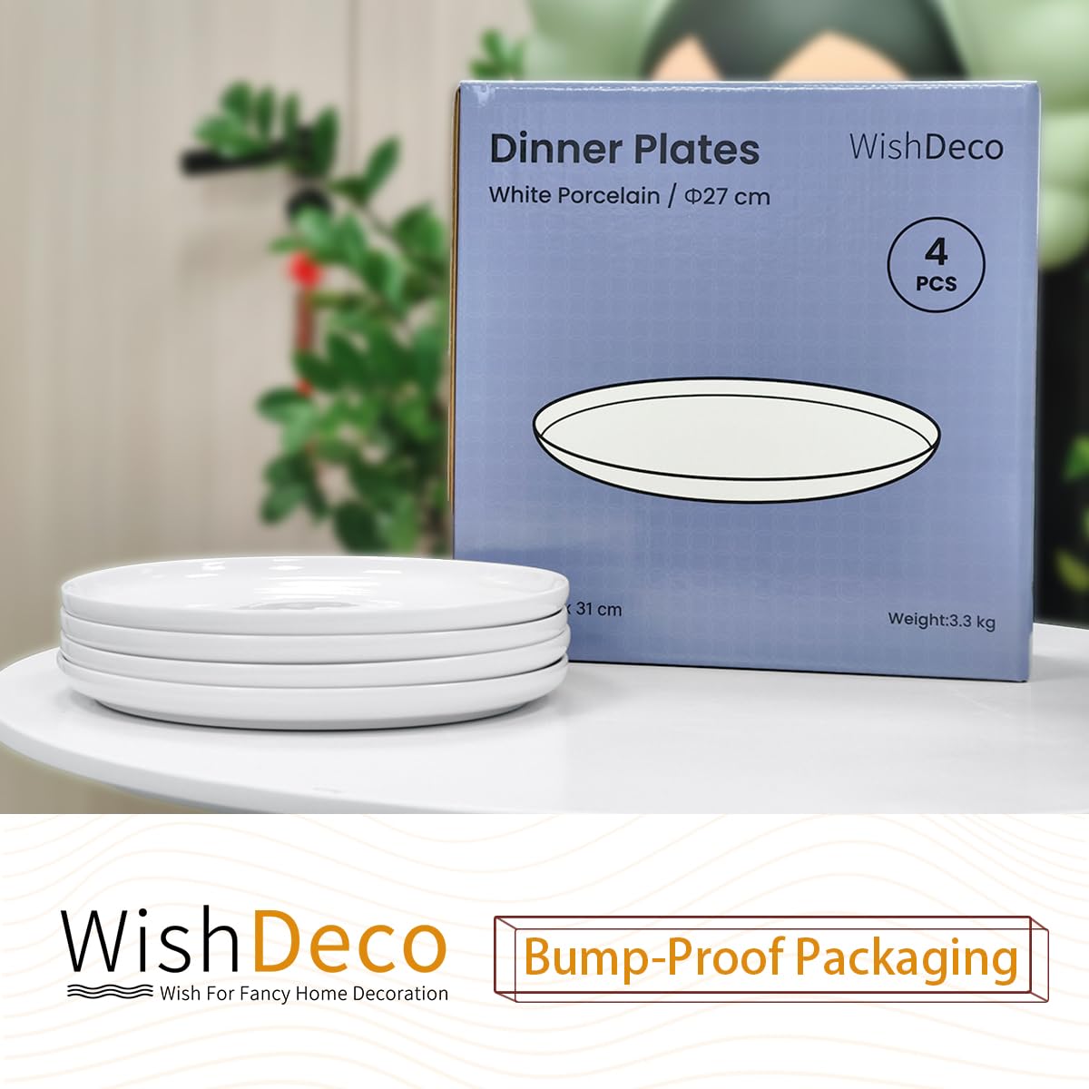 WishDeco White Dinner Plates Set of 4, Ceramic Dining Plates 10.5 inch, Large Salad Plate, Porcelain Kitchen Plate for Pizza, Steak, Microwave and Dishwasher Safe