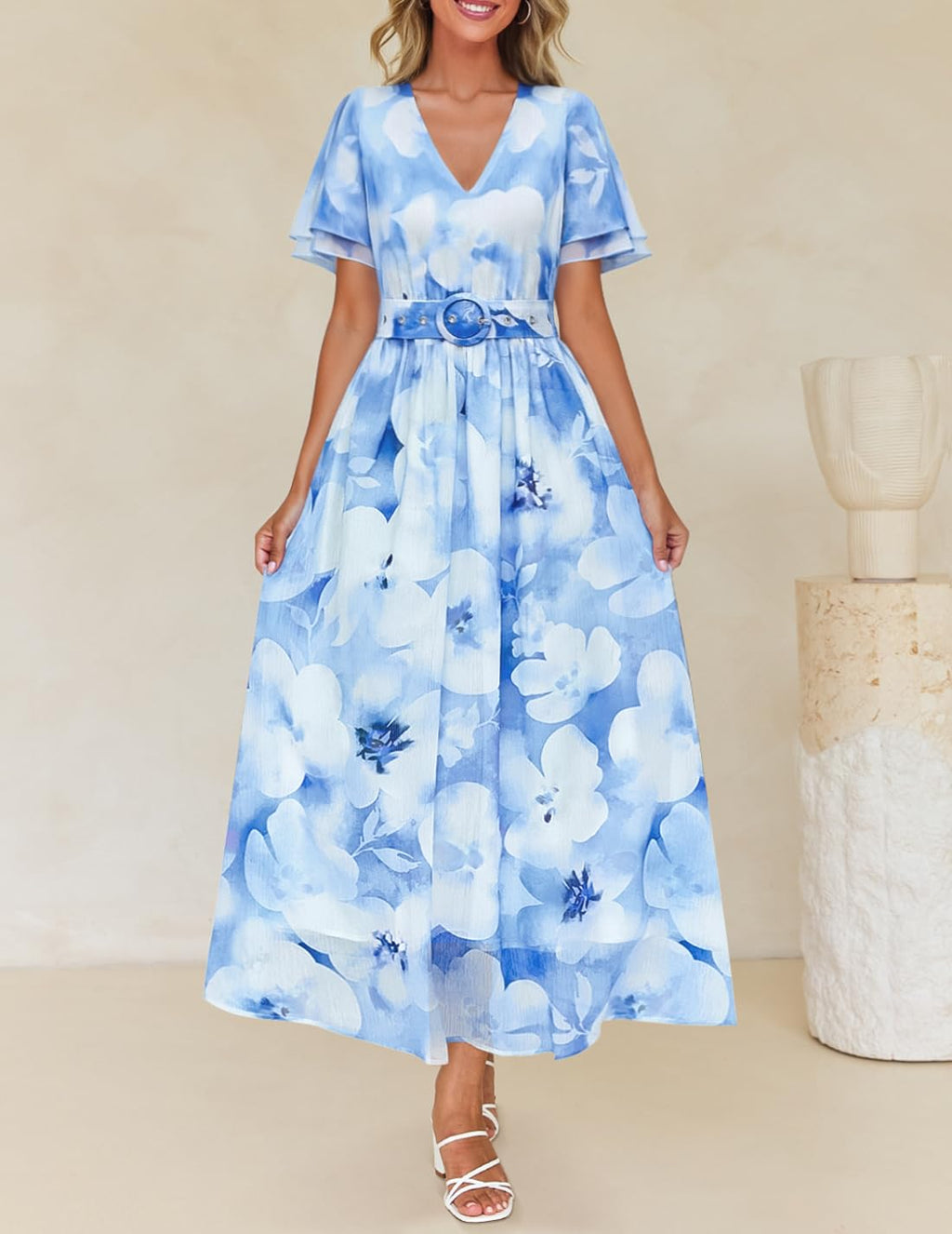 ZESICA Women's 2026 Summer Floral V Neck Midi Dress Boho Short Sleeve High Waist Flowy Beach Vacation Dresses with Belt