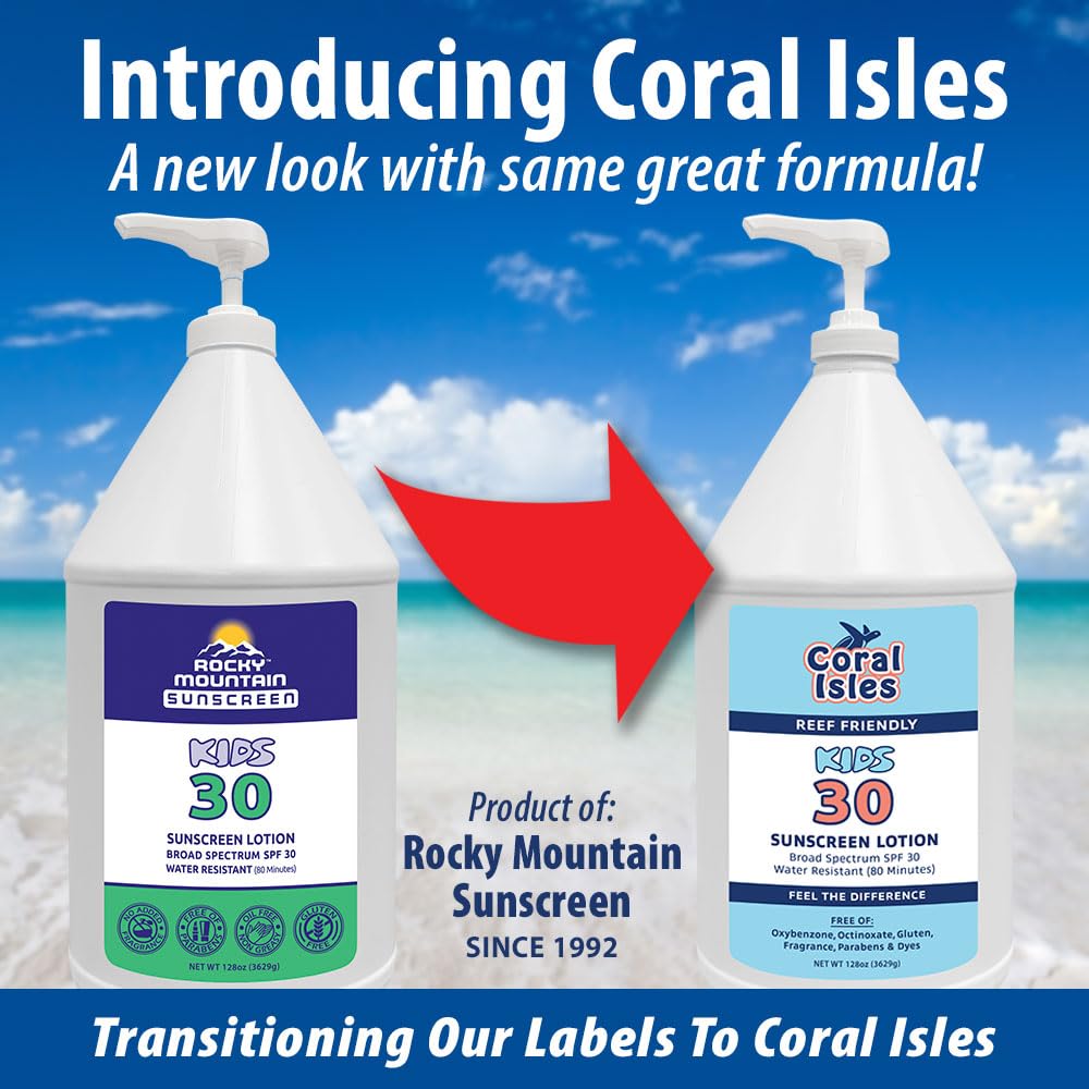 Coral Isles by Rocky Mountain Sunscreen | SPF 30 Lotion | Broad Spectrum UVA/UVB Protection | Hawaii Reef-Safe Act Compliant | Oxybenzone & Octinoxate Free | Water Resistant 80 Min. | 32 Fl Oz
