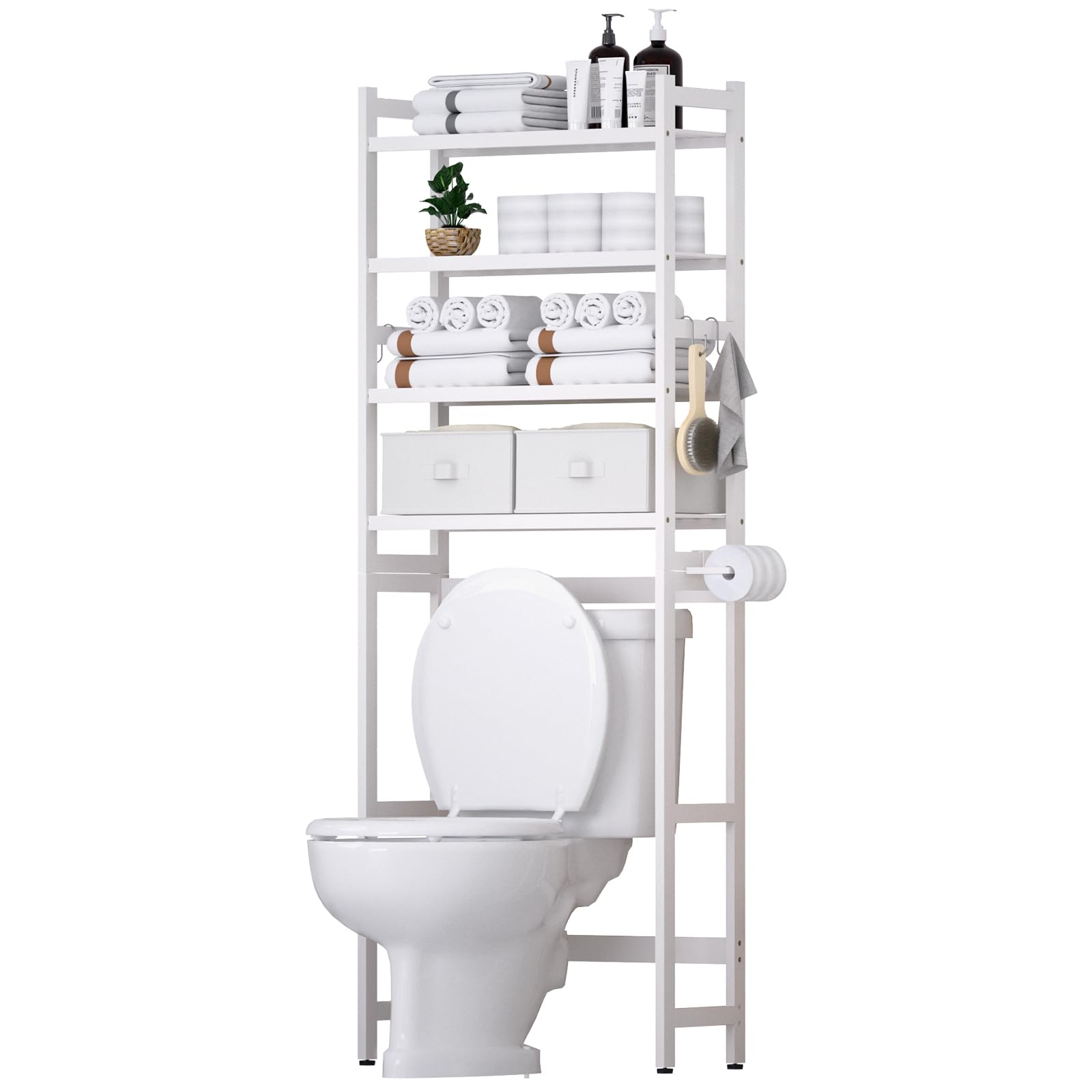 Cozivolife Over The Toilet Storage: 4-Tier Bamboo Organizer Rack with 2 Baskets & Paper Holder & 4 Hooks & Waterproof Feet Pad, Adjustable Freestanding Shelf for Bathroom (Brown)