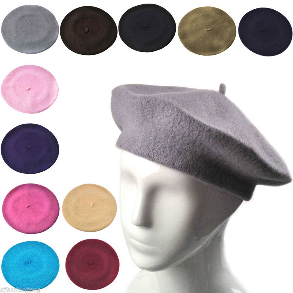 Women French Wool Beret Hats - Solid Color Classic Beanie Winter Cap