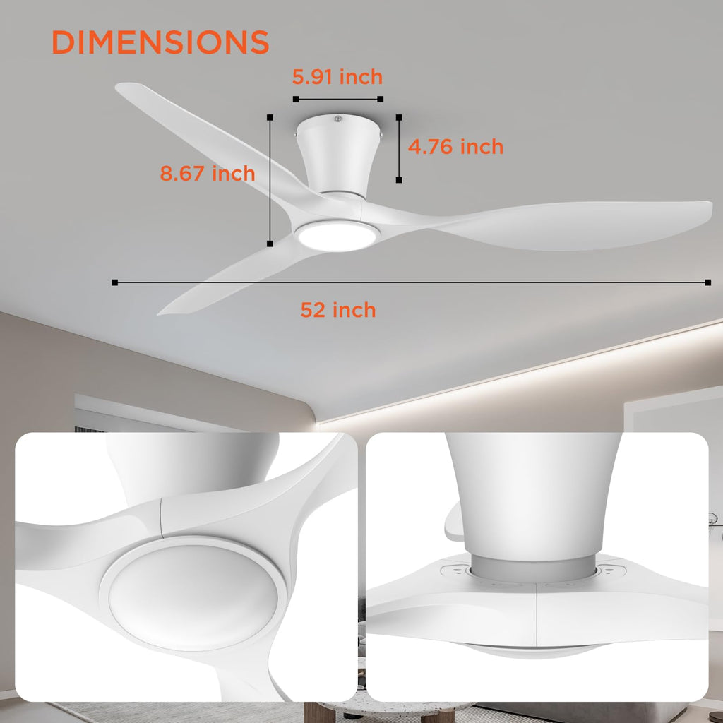 TALOYA Ceiling Fans with Lights,42 inch Modern Low Profile Ceiling Fan with Light and Remote Control, Flush Mount, 3CCT, White Ceiling Fan for Bedroom Living Room and Patio