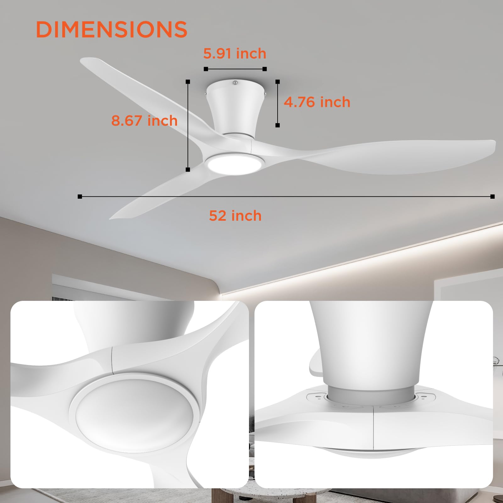 TALOYA Ceiling Fans with Lights,42 inch Modern Low Profile Ceiling Fan with Light and Remote Control, Flush Mount, 3CCT, White Ceiling Fan for Bedroom Living Room and Patio