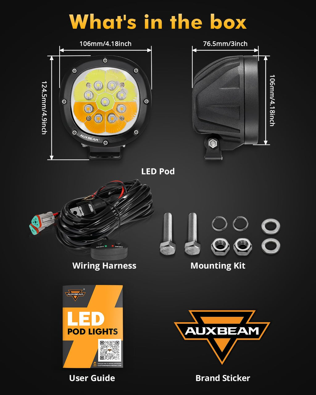 Auxbeam P4 Series Flood Beam LED Pods 4 Inch 90W Round Offroad Fog Lights Driving Flood Light Bar Bumper A-Pillar Hood Mount for Trucks ATV UTV Motorcycle Jeep