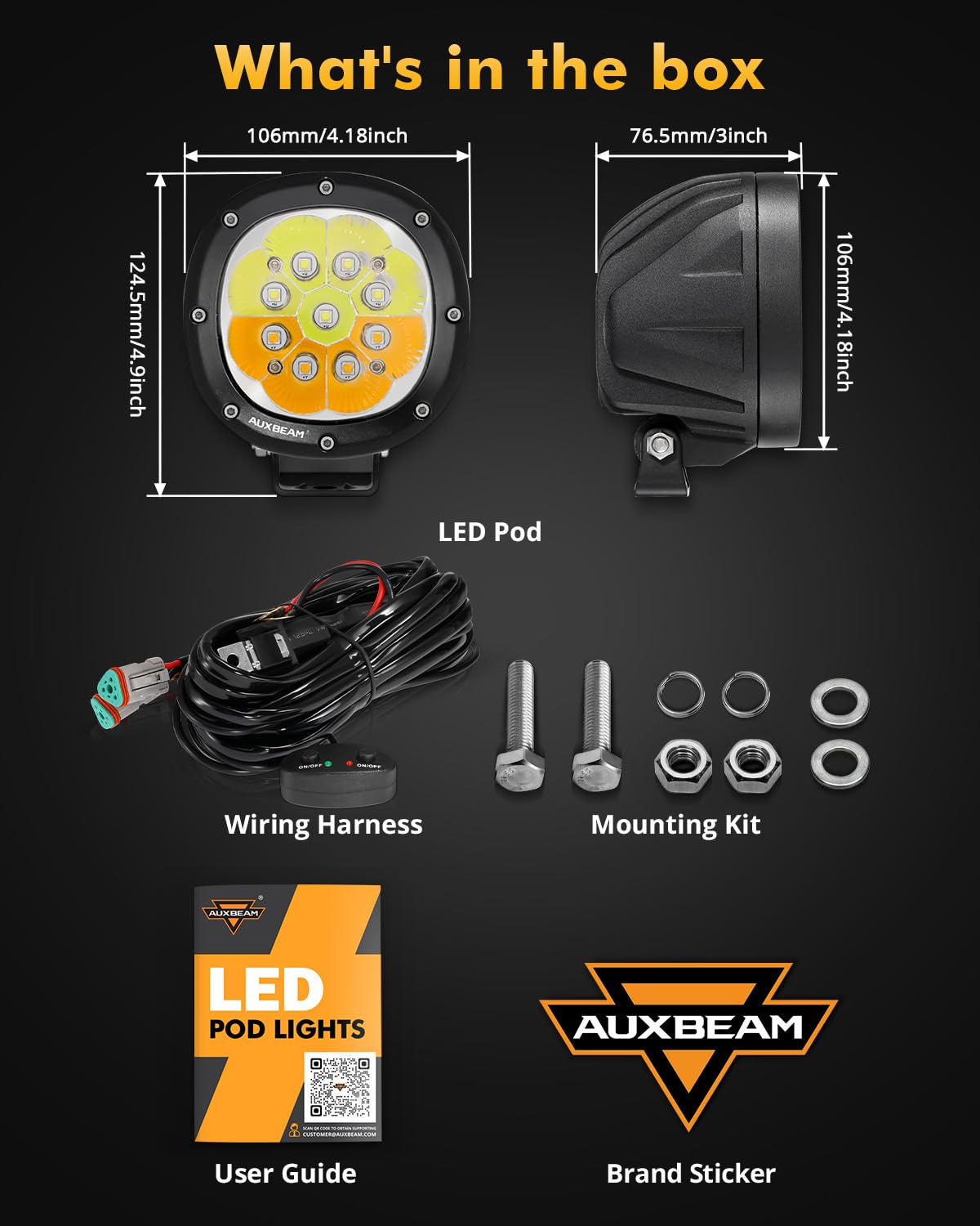 Auxbeam P4 Series Flood Beam LED Pods 4 Inch 90W Round Offroad Fog Lights Driving Flood Light Bar Bumper A-Pillar Hood Mount for Trucks ATV UTV Motorcycle Jeep