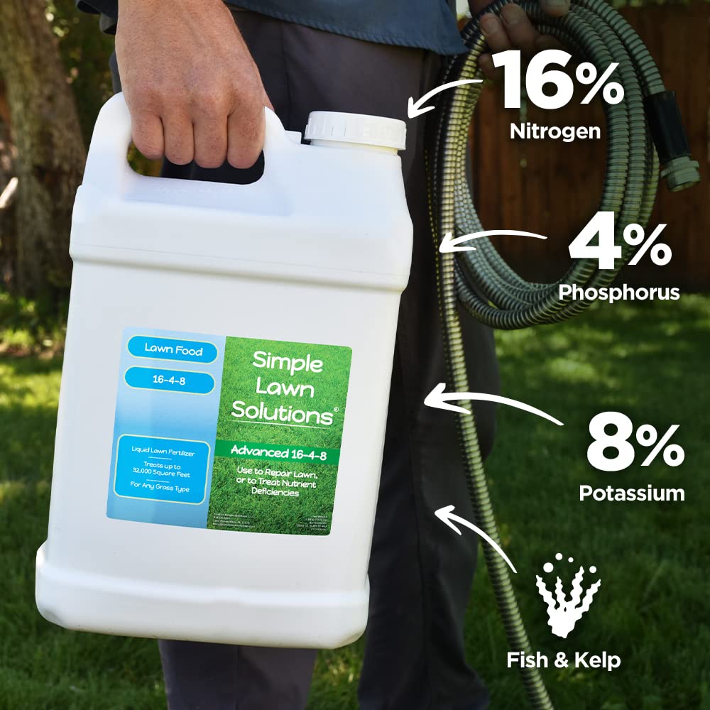 Advanced 16-4-8 Lawn Fertilizer - Liquid Lawn Food Spring & Summer Concentrated Spray - Any Grass Type- Fish and Seaweed Kelp- Balanced NPK - Simple Lawn Solutions (1 Gallon)