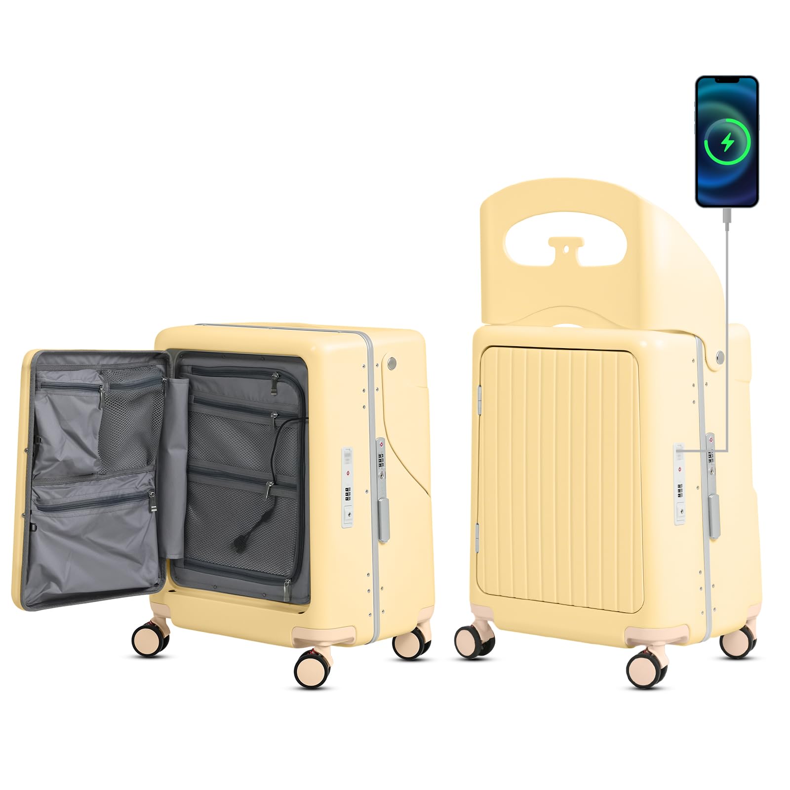smilesun 20" Carry On Luggage with Seat For Kids & Adults，Hardside Ride On Suitcase Front Opening with 360°Spinner and TSA Lock For Travel (Black with Front Open, 20")