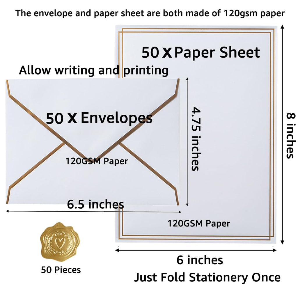 50 Pack Stationery Set with Envelopes, Cream Color, 8.5x11 Inches | Gold Border, #10 Business Envelopes and 8.5x11 Paper Sheets, Stickers for Letter Writing, Invitations