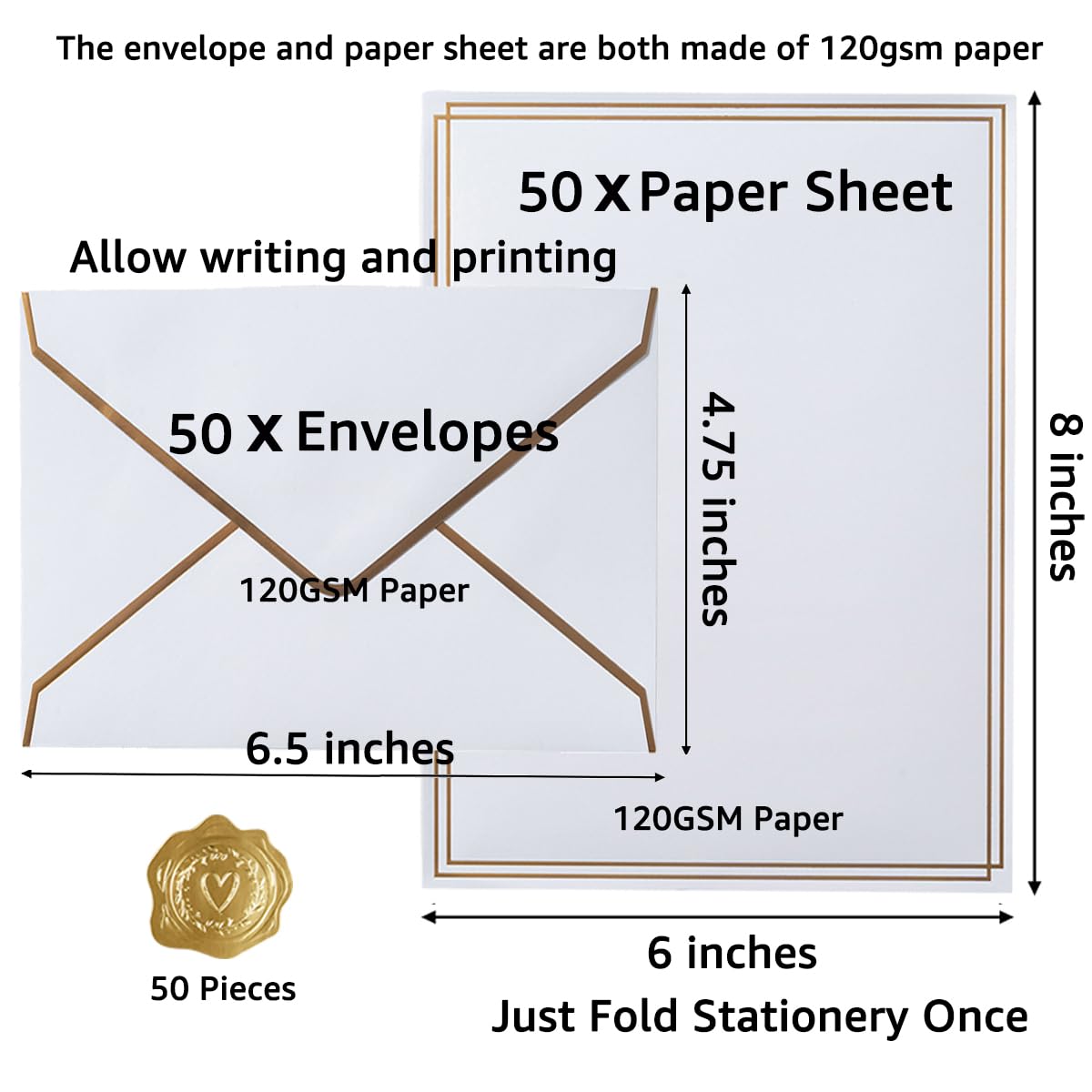 50 Pack Stationery Set with Envelopes, Cream Color, 8.5x11 Inches | Gold Border, #10 Business Envelopes and 8.5x11 Paper Sheets, Stickers for Letter Writing, Invitations