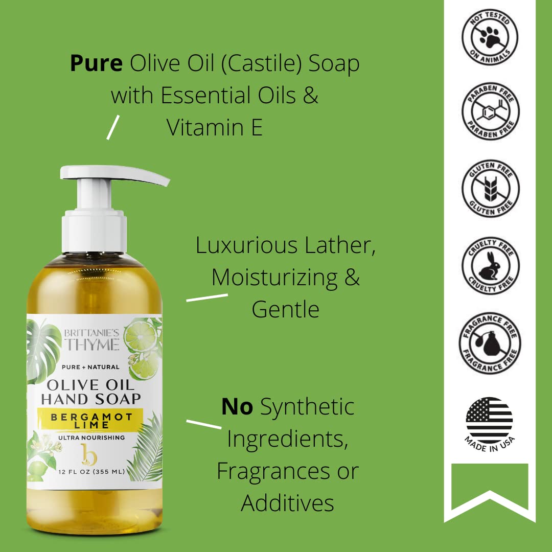 Brittanie’s Pure Castile Liquid Soap Refill, Bergamot Lime, 12 Ounce | Dish Soap, Hair & Body, Home, Gentle and Pure, Made with Natural Luxurious Oils, Vegan & Gluten Free Non-GMO