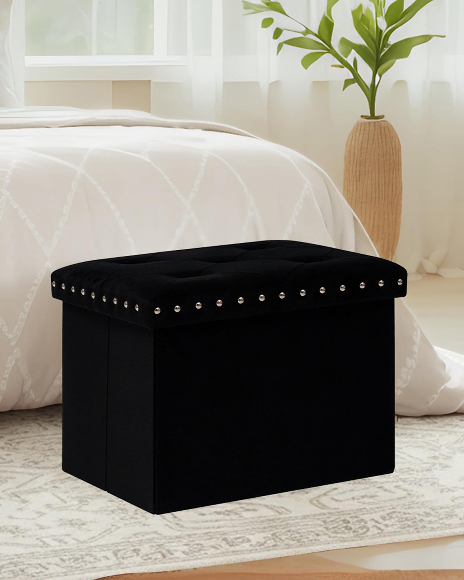 B FSOBEIIALEO Storage-Ottoman Cube-Folding Tufted - Ottomans with Storage, Coffee Table Top Cover, Storage Boxes Footrest Stool for Bedroom, Luxury Velvet Fabric 15.7 Inches Black