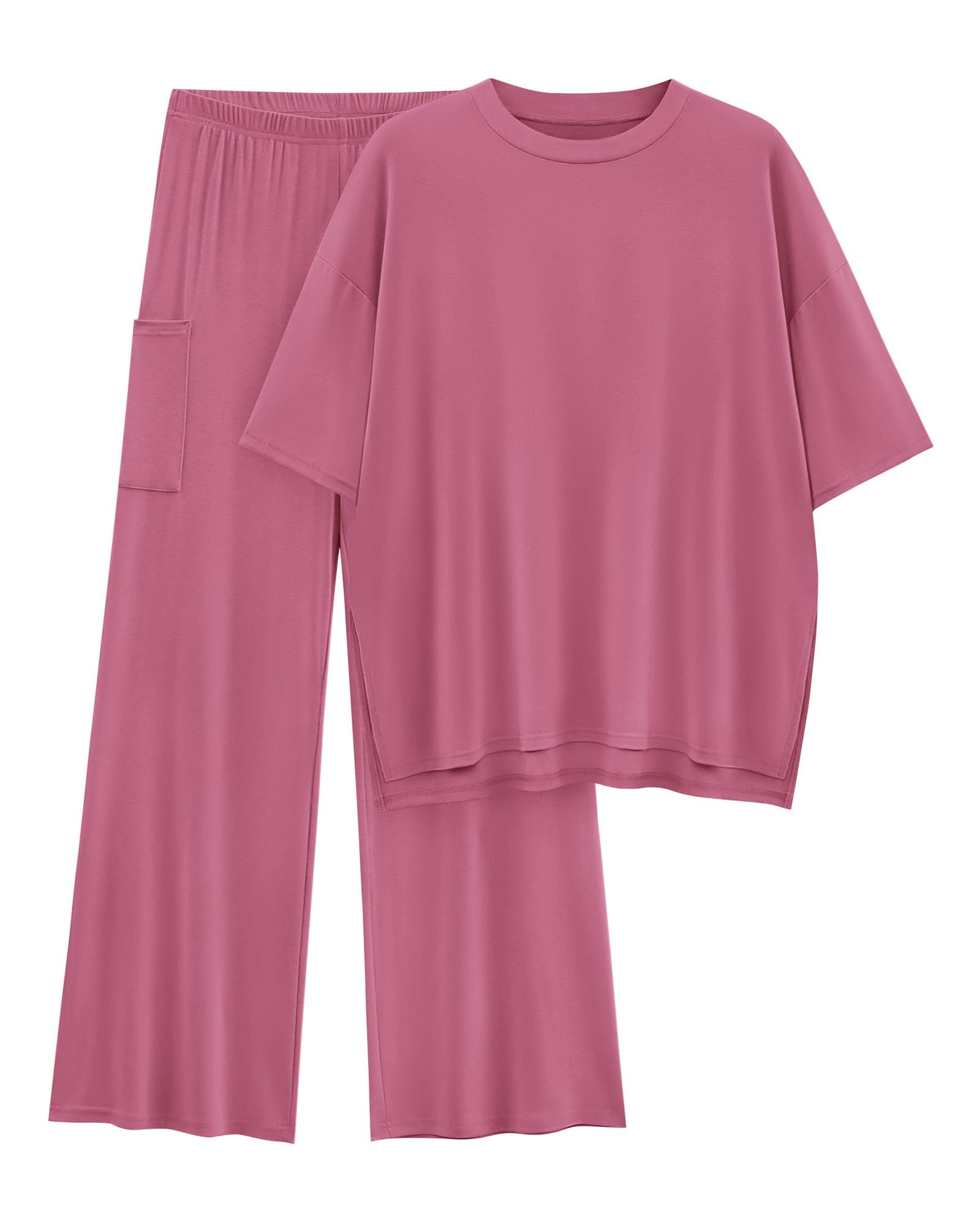 KIRUNDO 2 Piece Lounge Sets for Women Airport Travel Vacation Outfits Summer Casual Loose Short Sleeve Tops & Wide Leg Pants