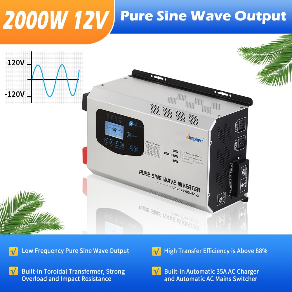 Ampinvt 800W Pure Sine Wave Inverter with AC Charger, DC 12V to AC 120V Output,UPS Backup Power Low Frequency Inverter for Lithium, Sealed,AGM, Gel,and Flooded Batteries