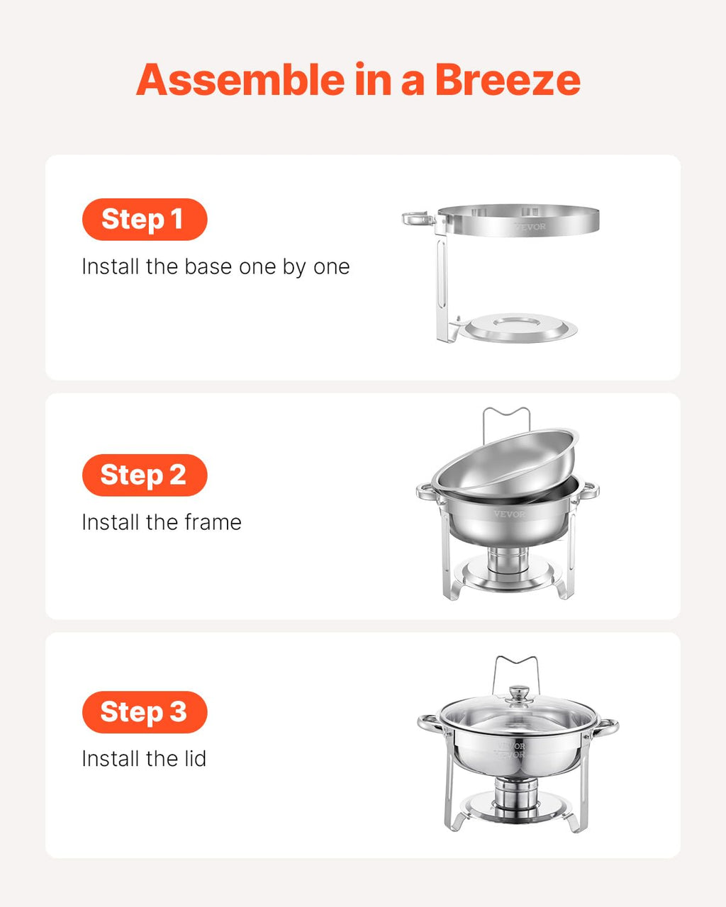 VEVOR Chafing Dish Buffet Set, 5 Qt 4 Pack, Stainless Steel Chafer with 4 Full Size Pan, Round Catering Warmer Server with Glass Lid Water Pan Folding Stand Fuel Holder, for Wedding Banquet, Gold