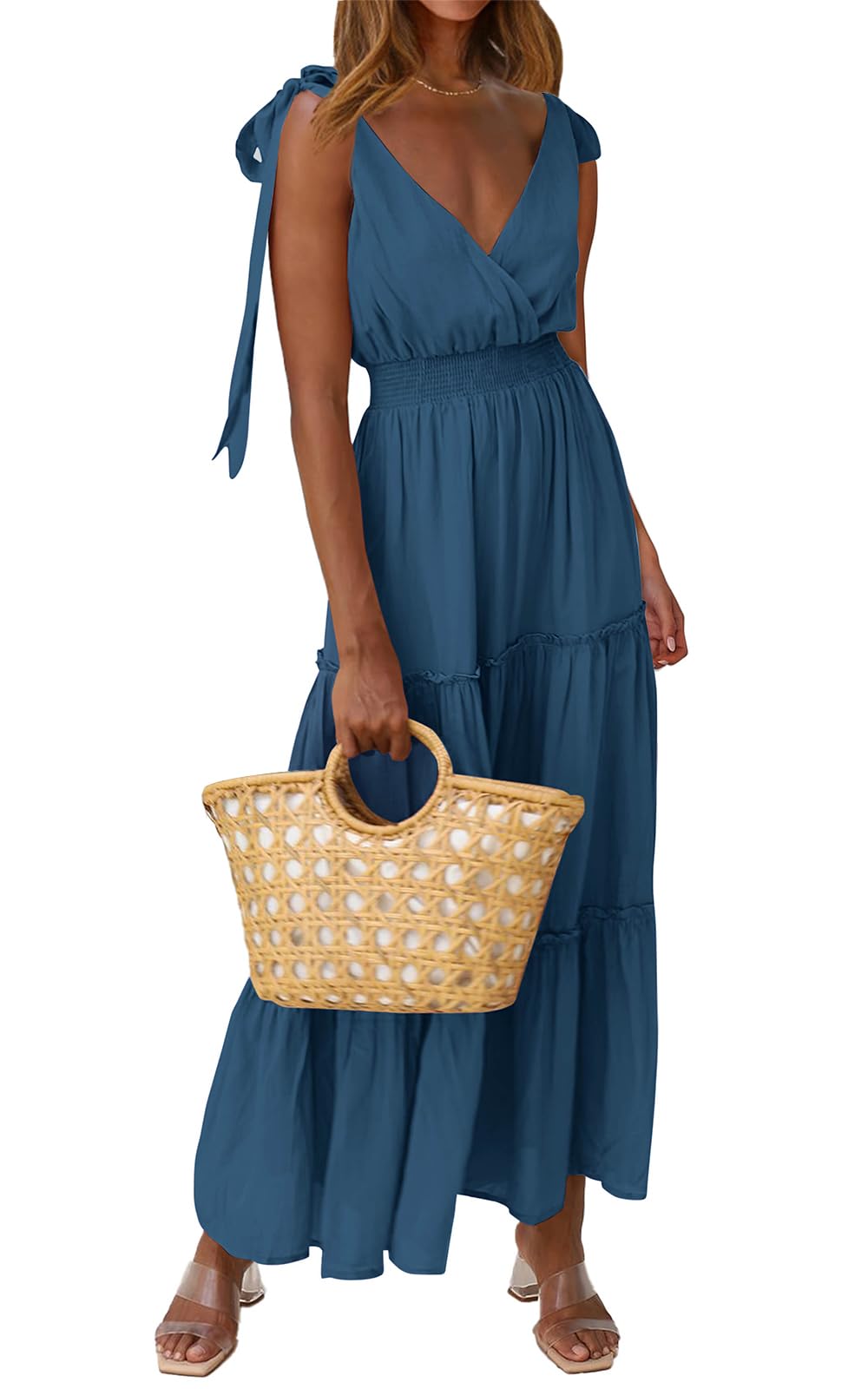 PRETTYGARDEN Women's Cross Neck Summer Sleeveless Tiered Maxi Dress Beach Tie Strap Smocked Long Dresses Pleated Sundress