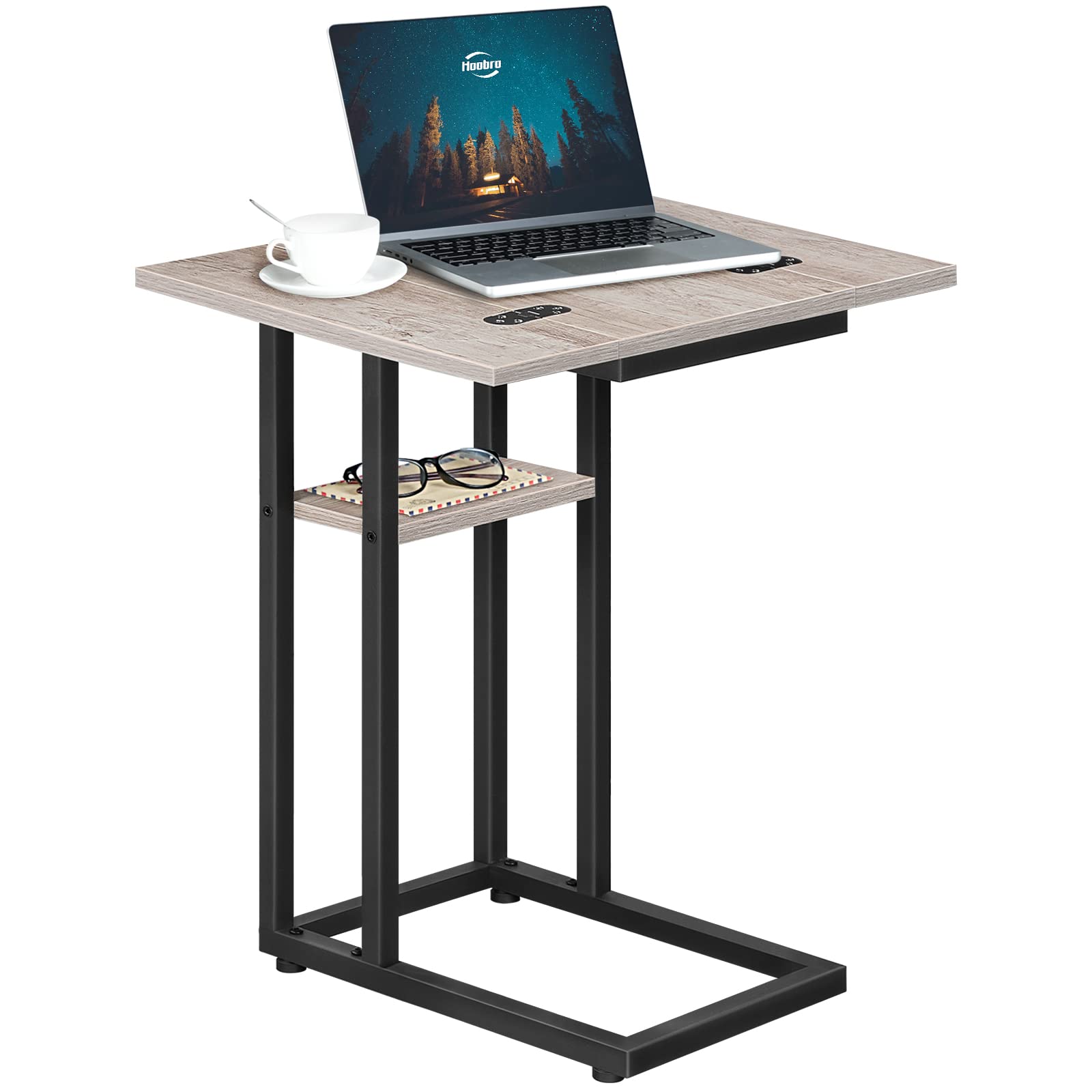 HOOBRO Foldable C Shaped End Table, C Shaped Side Table with Storage Shelf, Small Snack Table, Slide Under Couch Table for Sofa, Living Room Bedroom Small Spaces Easy Assembly, Black BK29SF01
